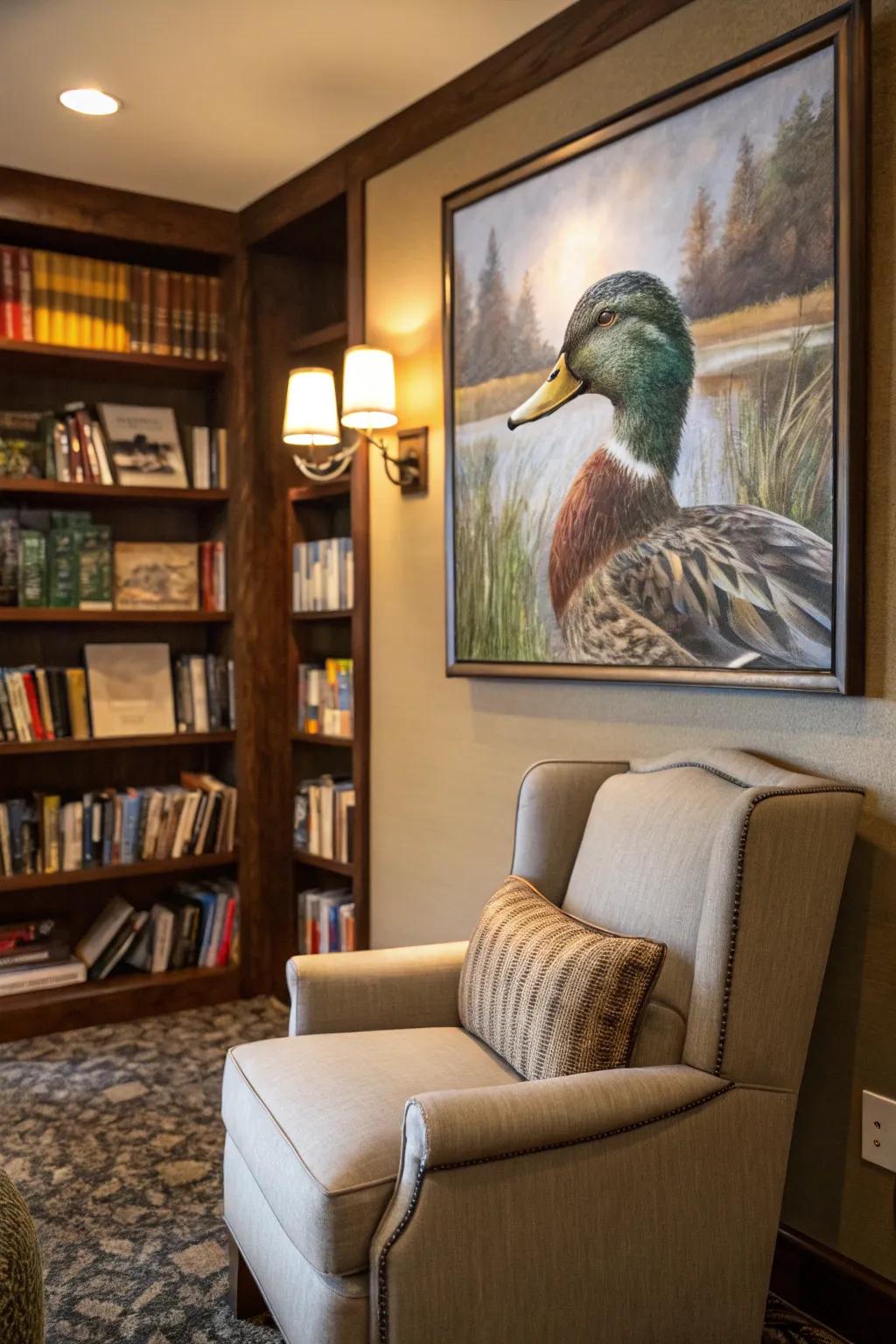 An authentic duck depiction furnishes a tranquil center point.
