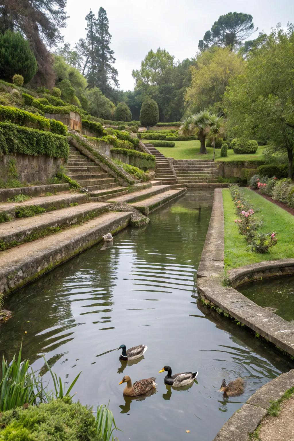 Multi-tiered ponds present an engaging environment for ducks.