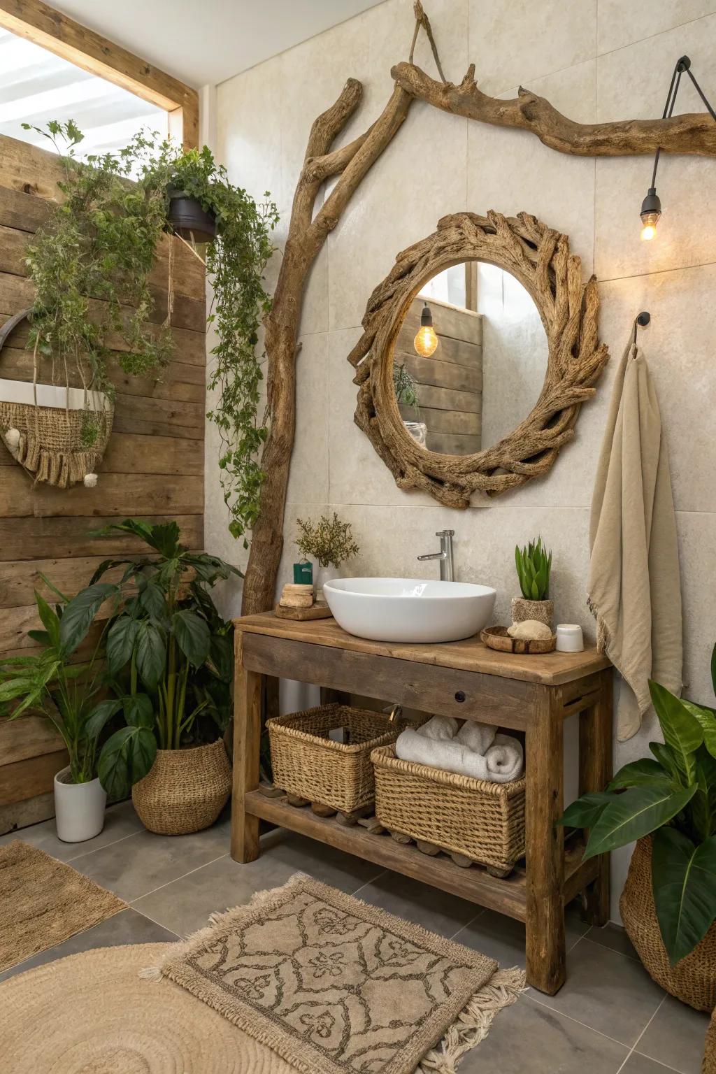 Organic shapes and countryside décor enhance the natural restroom theme.