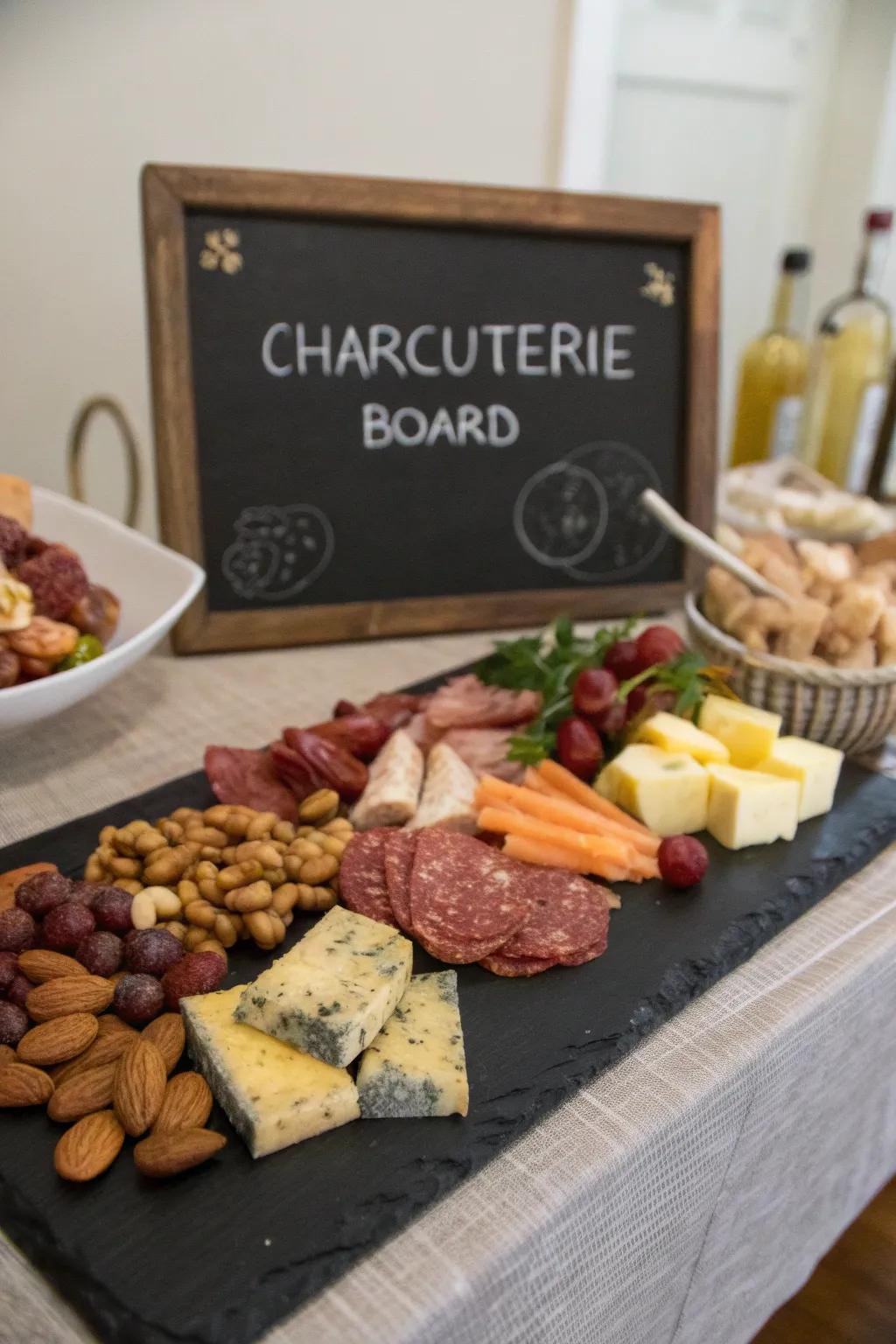 A sophisticated charcuterie board with a chalkboard theme perfect for Easter events.