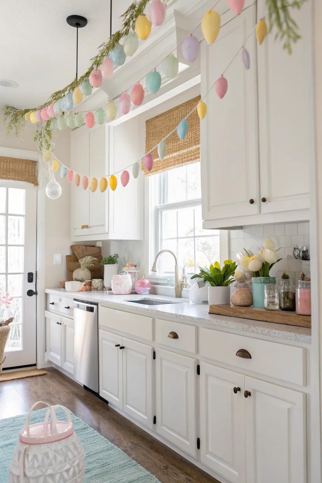Delicate garlands inject festive color around the kitchen.
