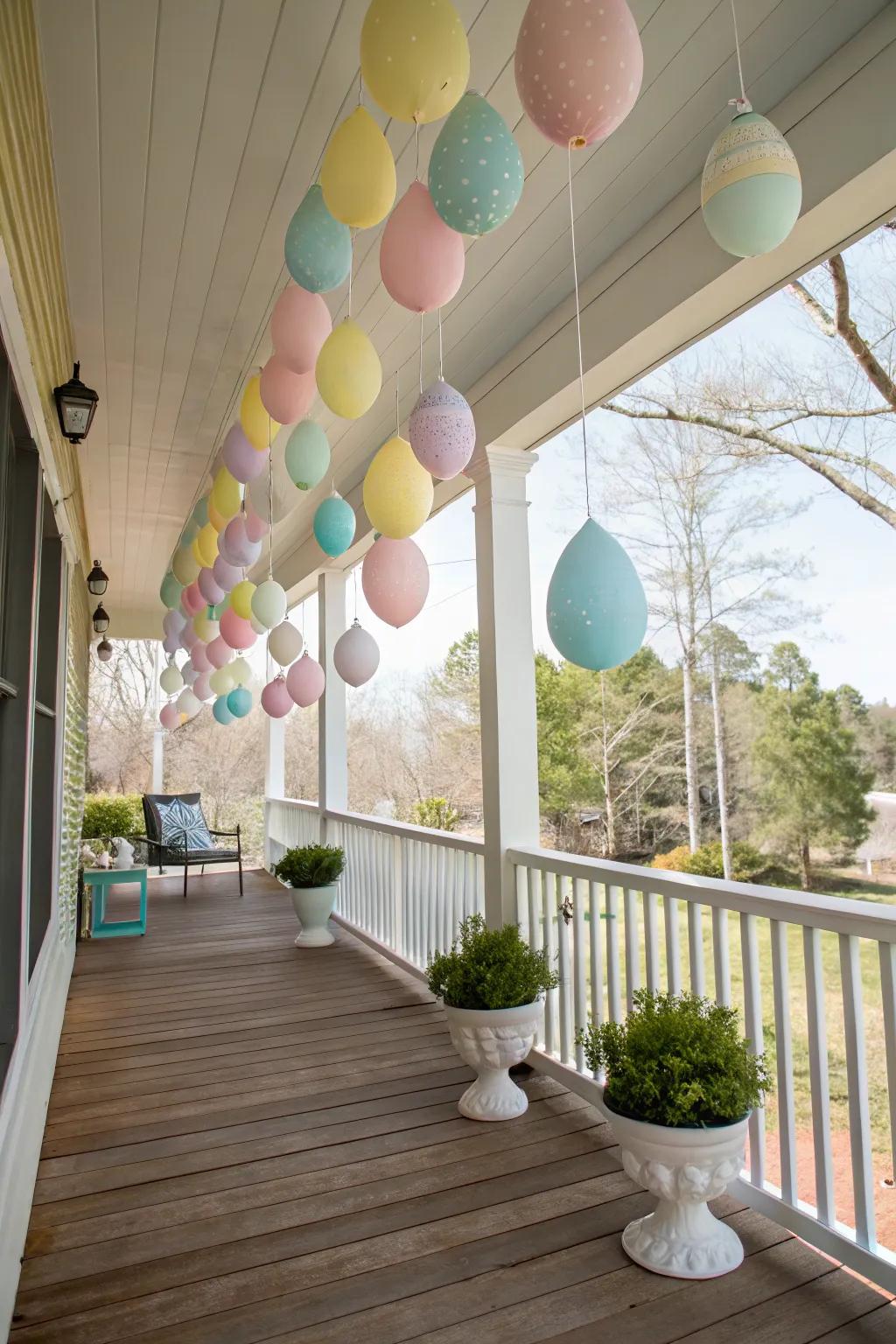 Suspended egg decorations add a playful aspect to your porch.
