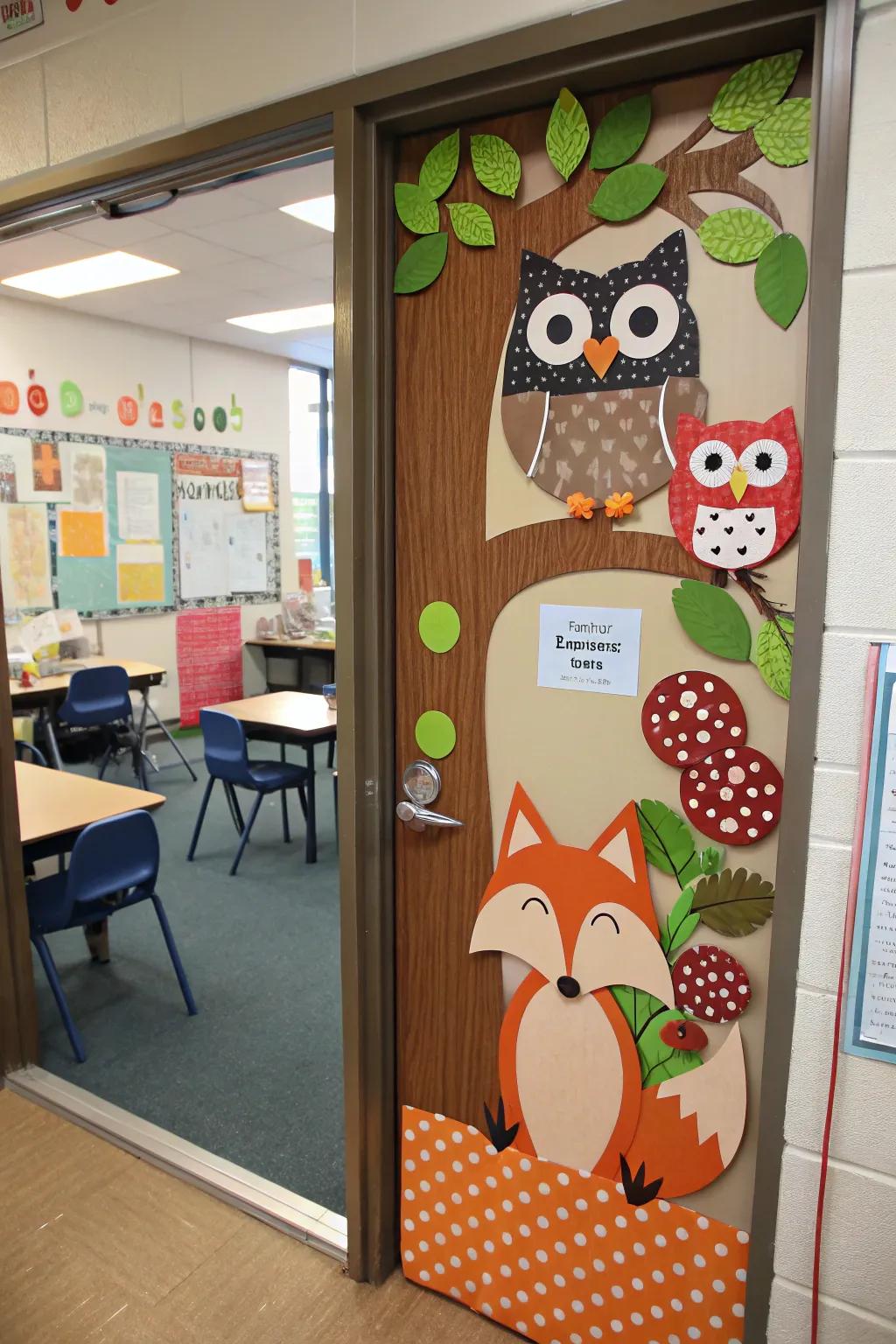 Woodland creatures add a whimsical touch to your fall-themed door decor.
