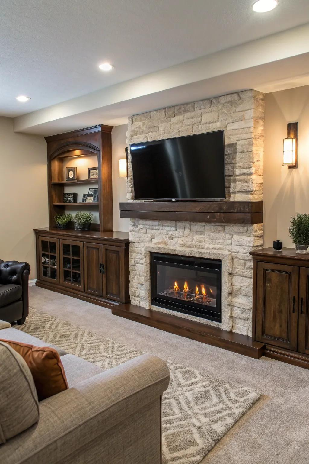 A combined TV and electric glowbox arrangement for a clutter-free living area.