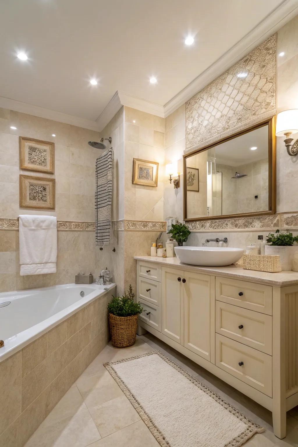 A soothing color scheme fosters serenity in this elegant bathroom.