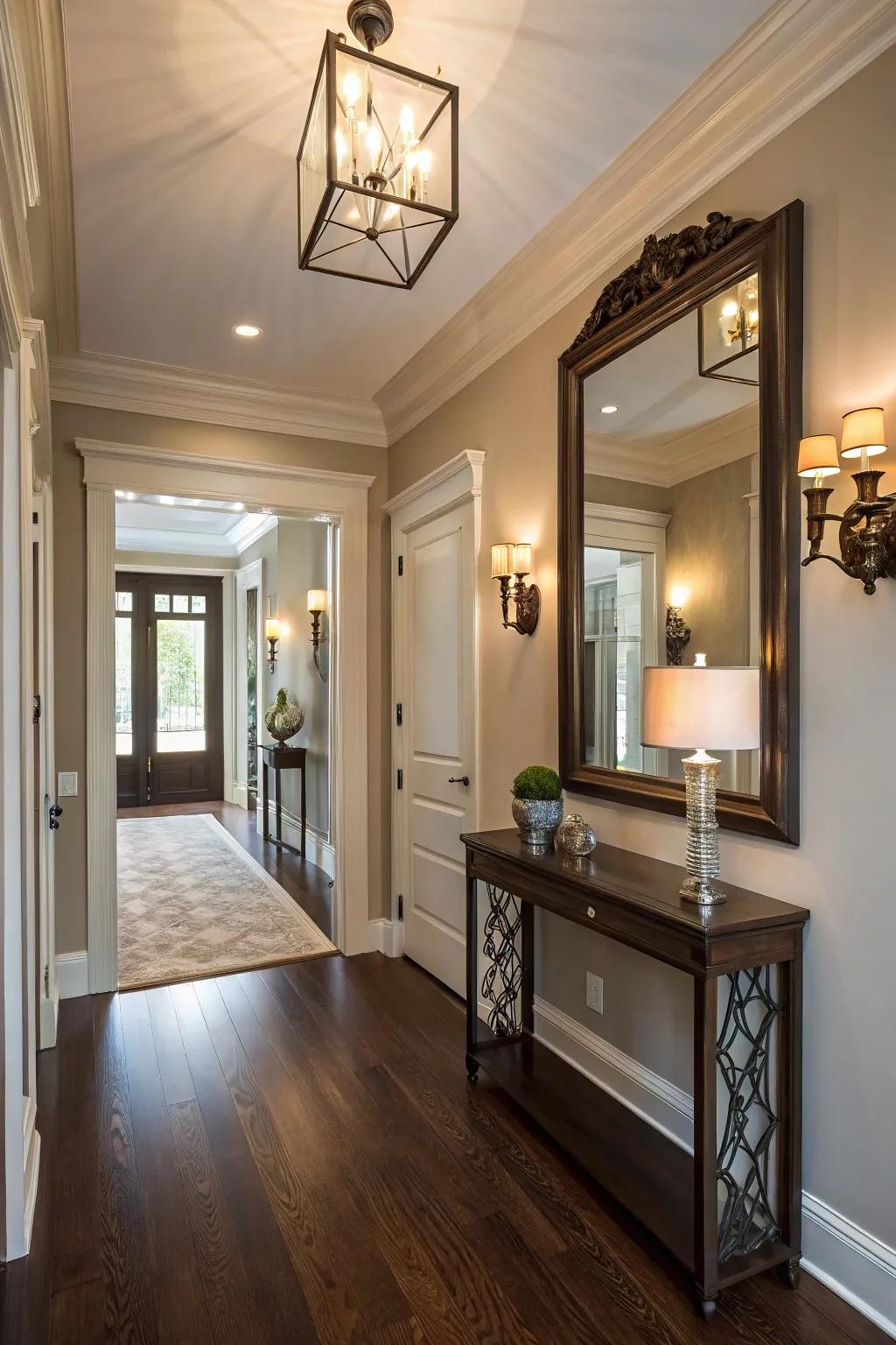 Wall fixtures elegantly frame a mirror, adding sophistication to the entryway.