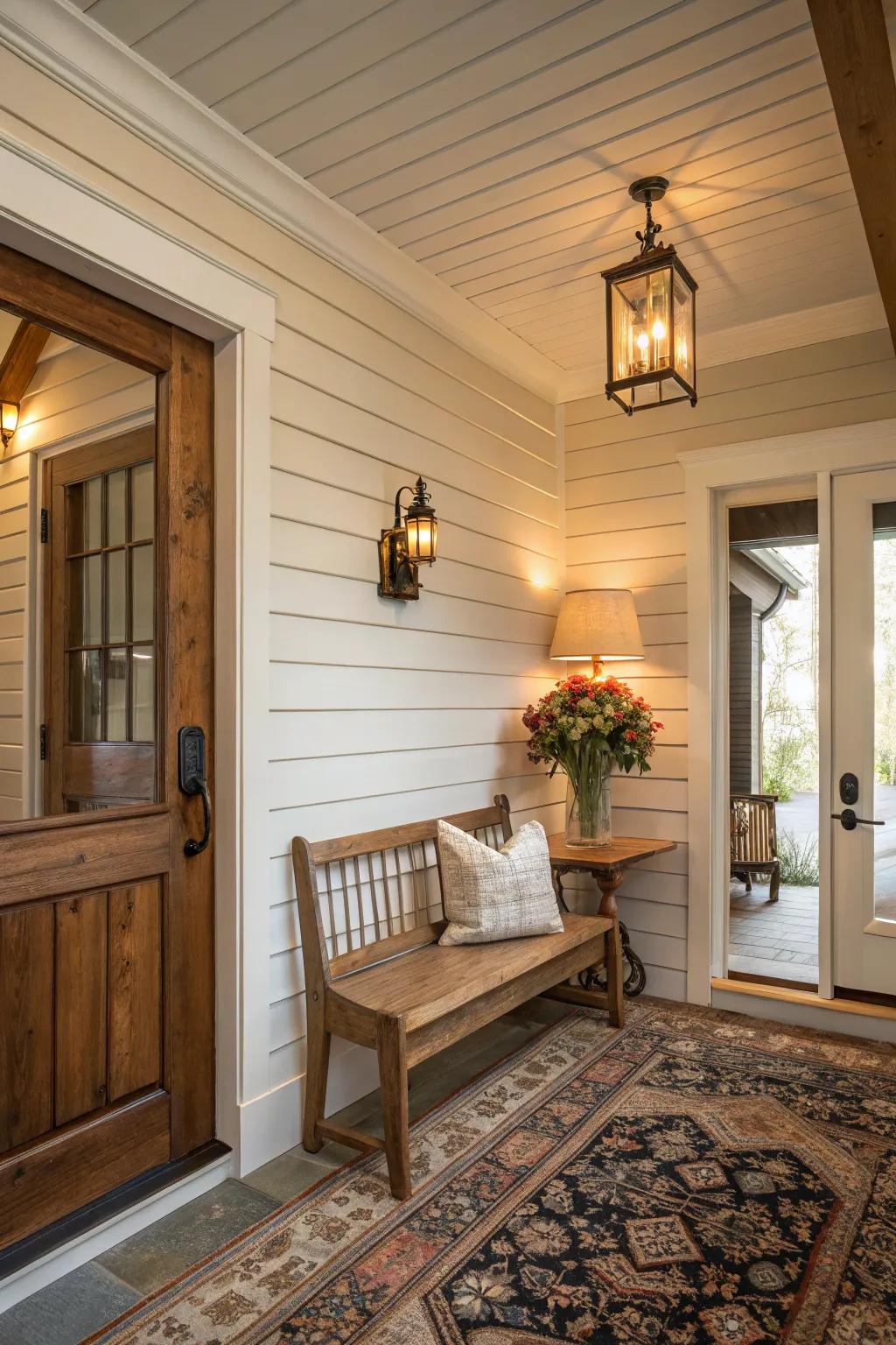 Generate an inviting atmosphere using natural timber plank paneling.