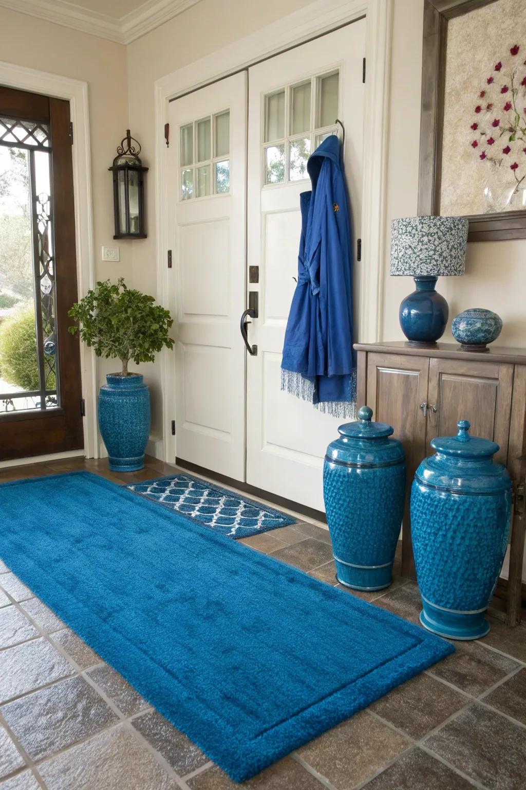 A bold highlight rug can act as the centerpiece in a neutral entryway.