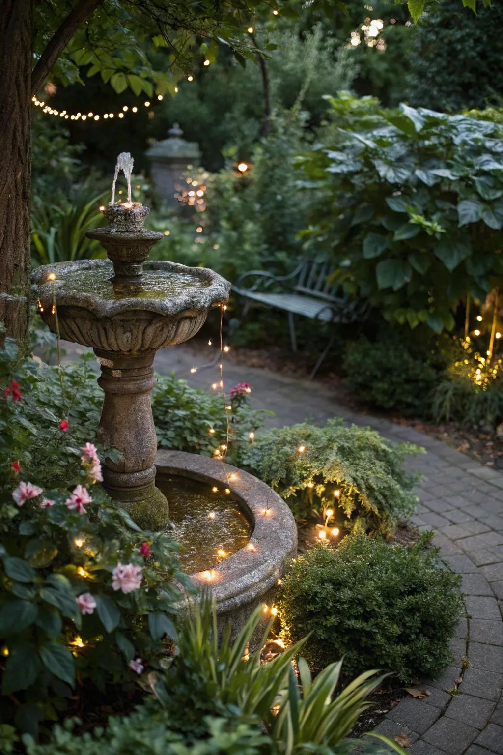 Twinkle lights accentuate garden features beautifully.