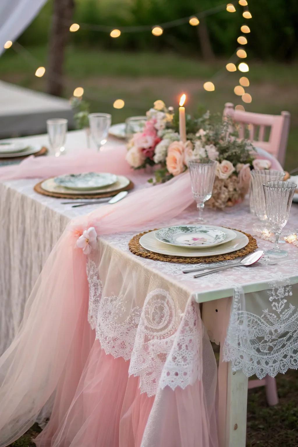 Gossamer and lacework lend a fragile element to the party ornamentation.