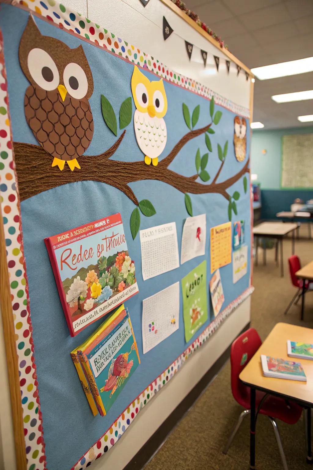A whimsical owl-centered board celebrating reading.