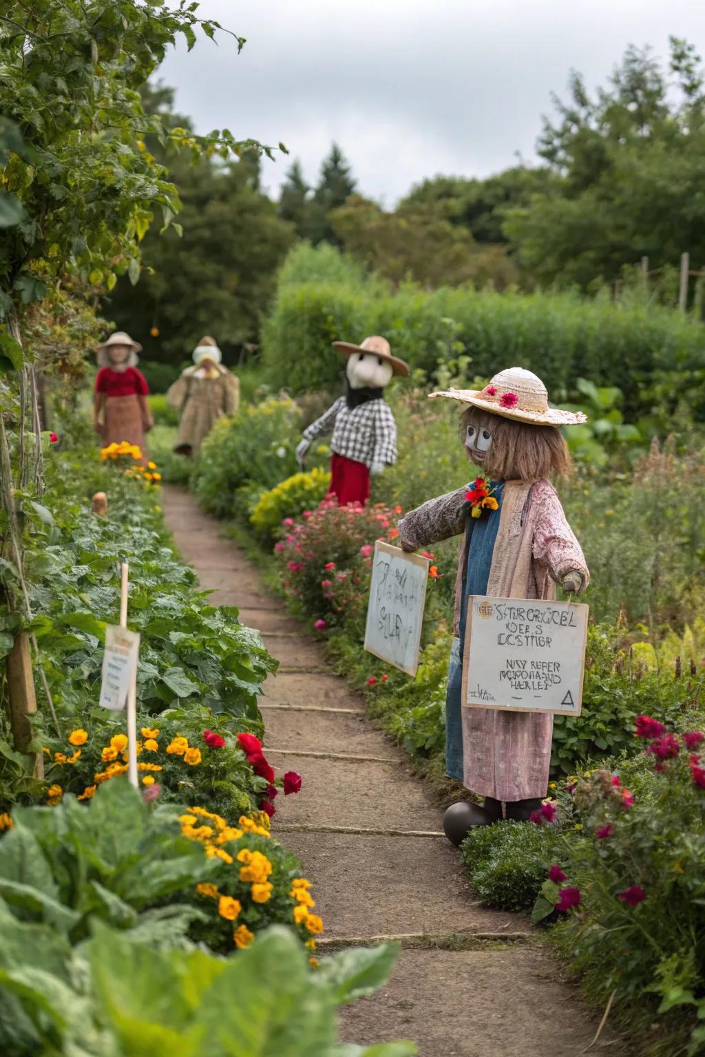 Imaginative scarecrows created during a fall celebration.