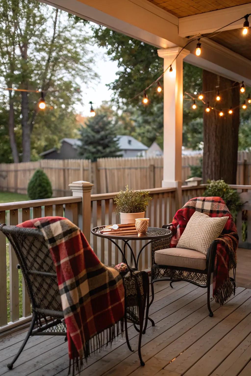 Plaid fabrics add a cozy touch to your fall porch seating.