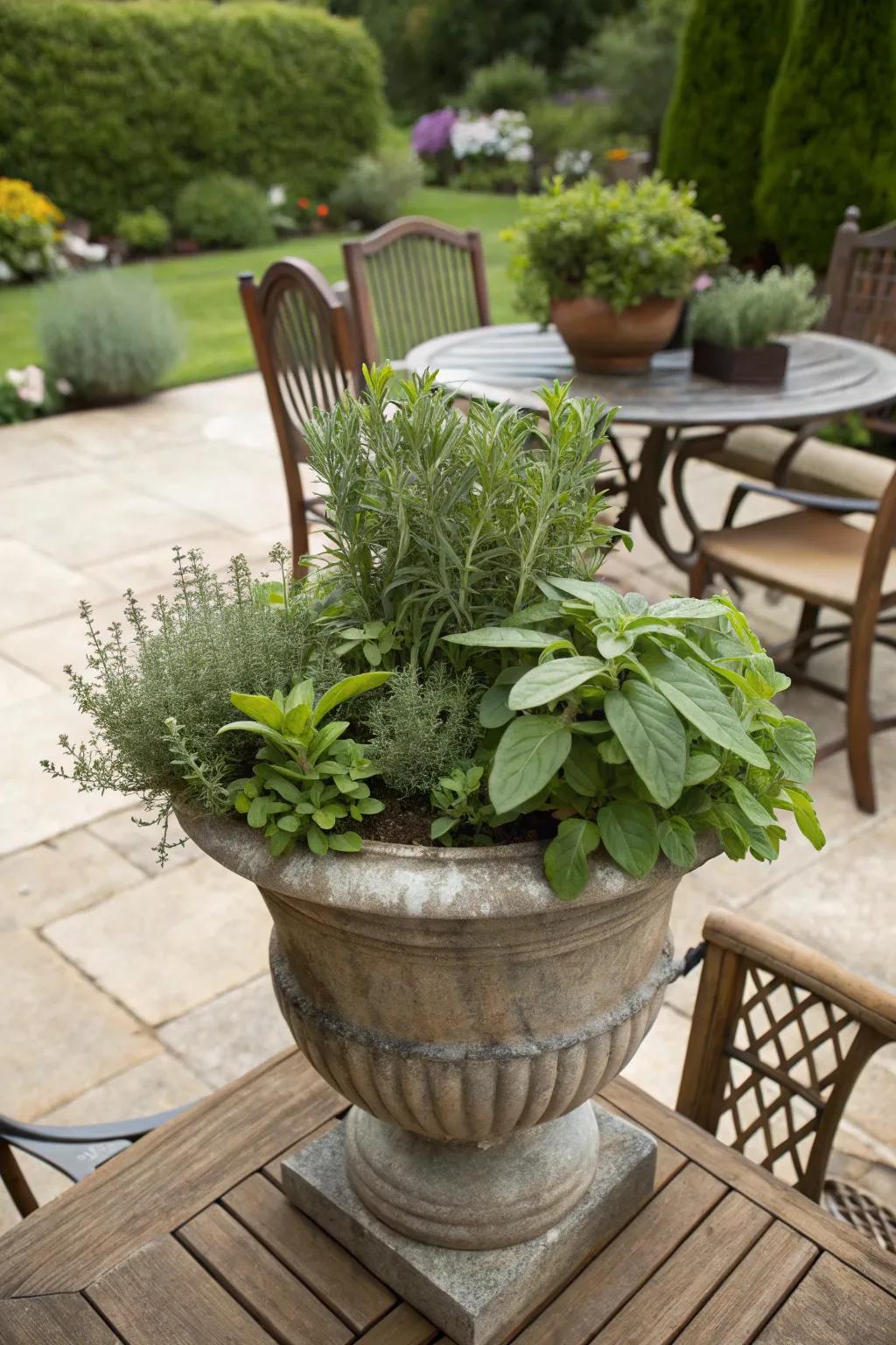 Aromatic culinary greens in an autumn vessel.