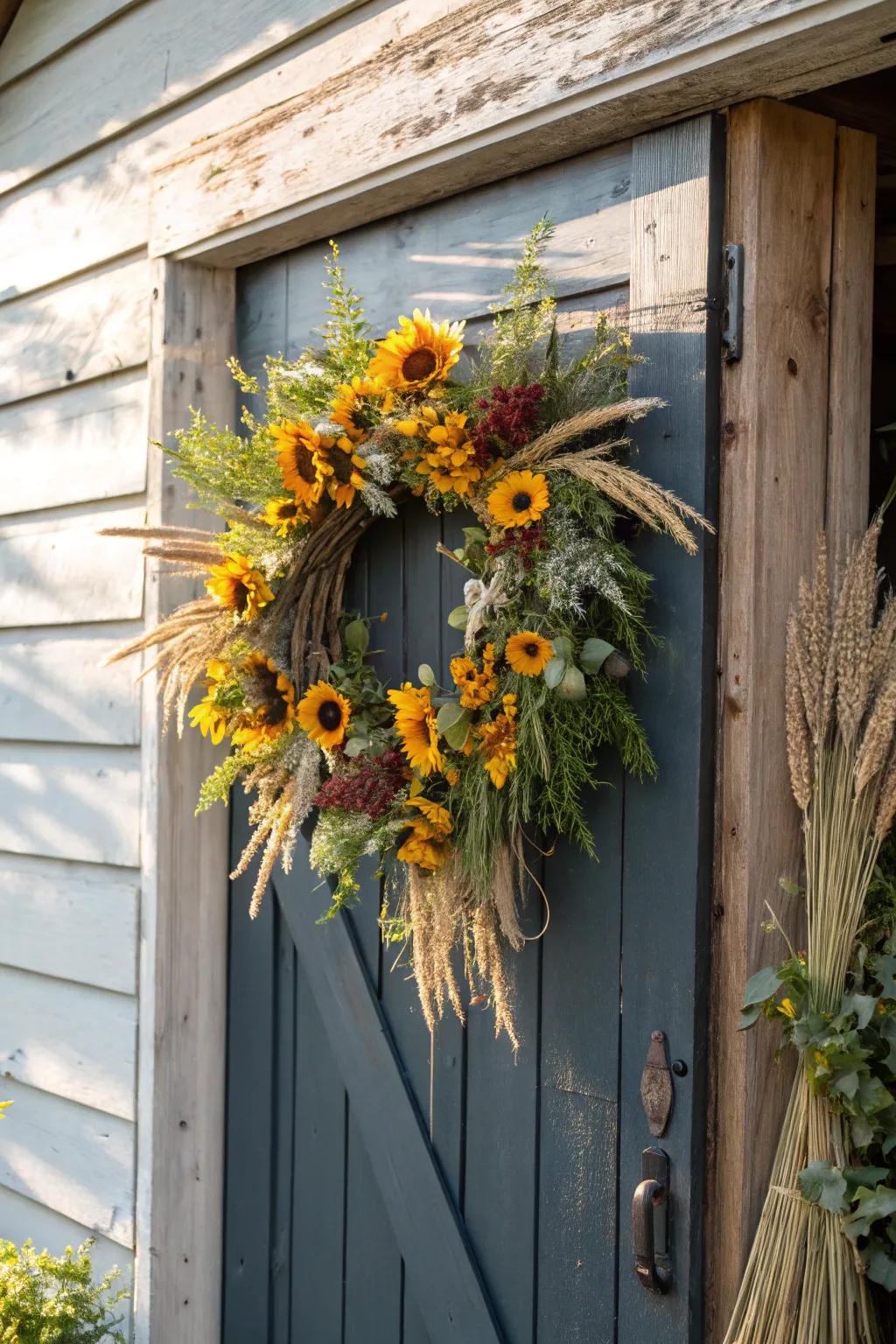 Sun blooms and grain usher the essence of reaping to your doorstep.