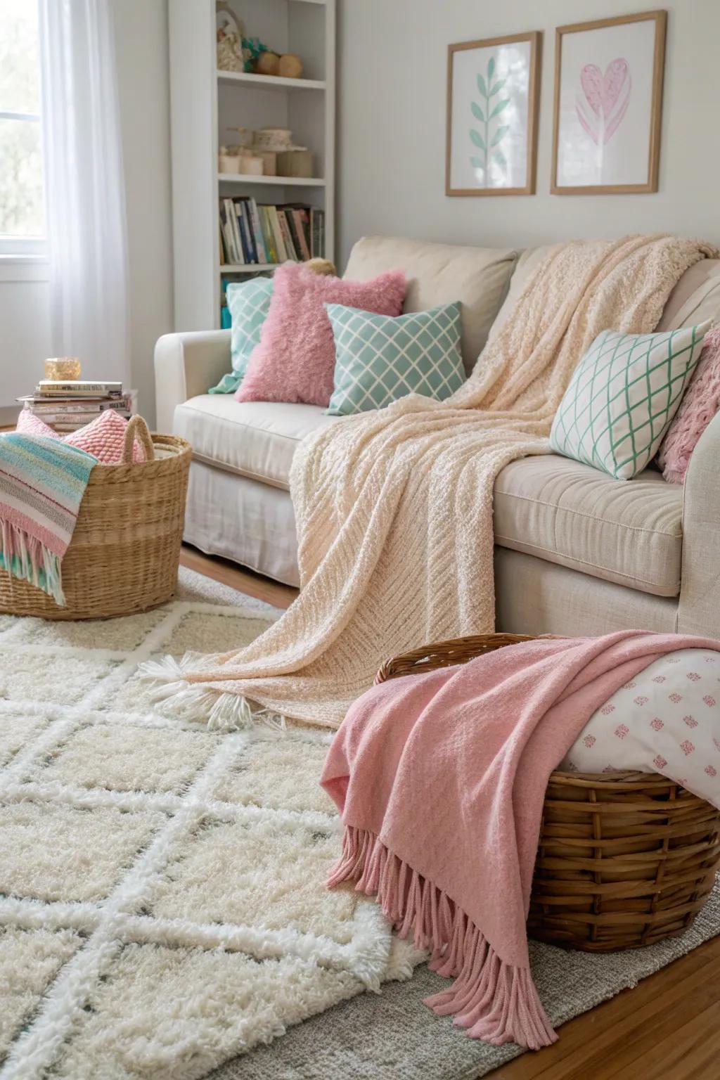 A snug family room enhanced with layers of textiles.