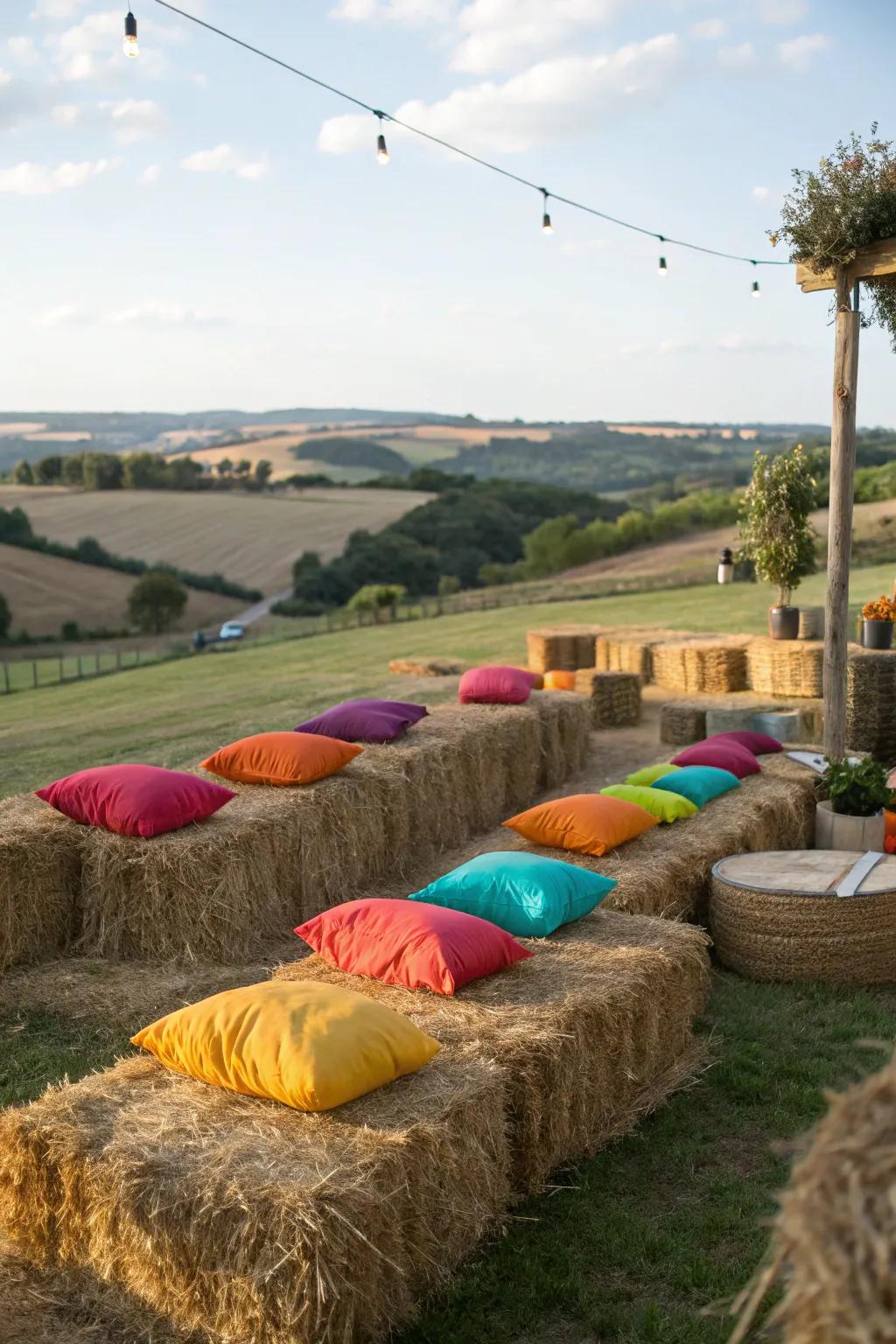 Hay bundles arranged for seating furnish a countryside and playful seating amenity.