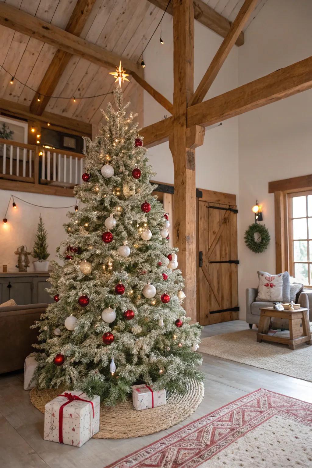 A dimmed color selection generates a peaceful and elegant farmhouse Christmas tree.