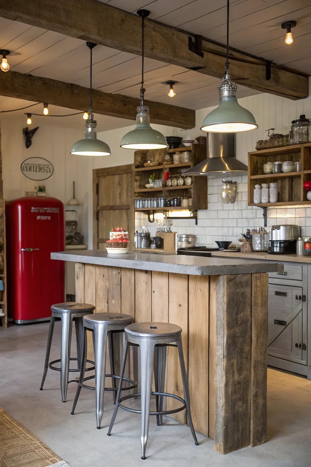Industrial accents add a chic, modern twist to the farmhouse style.