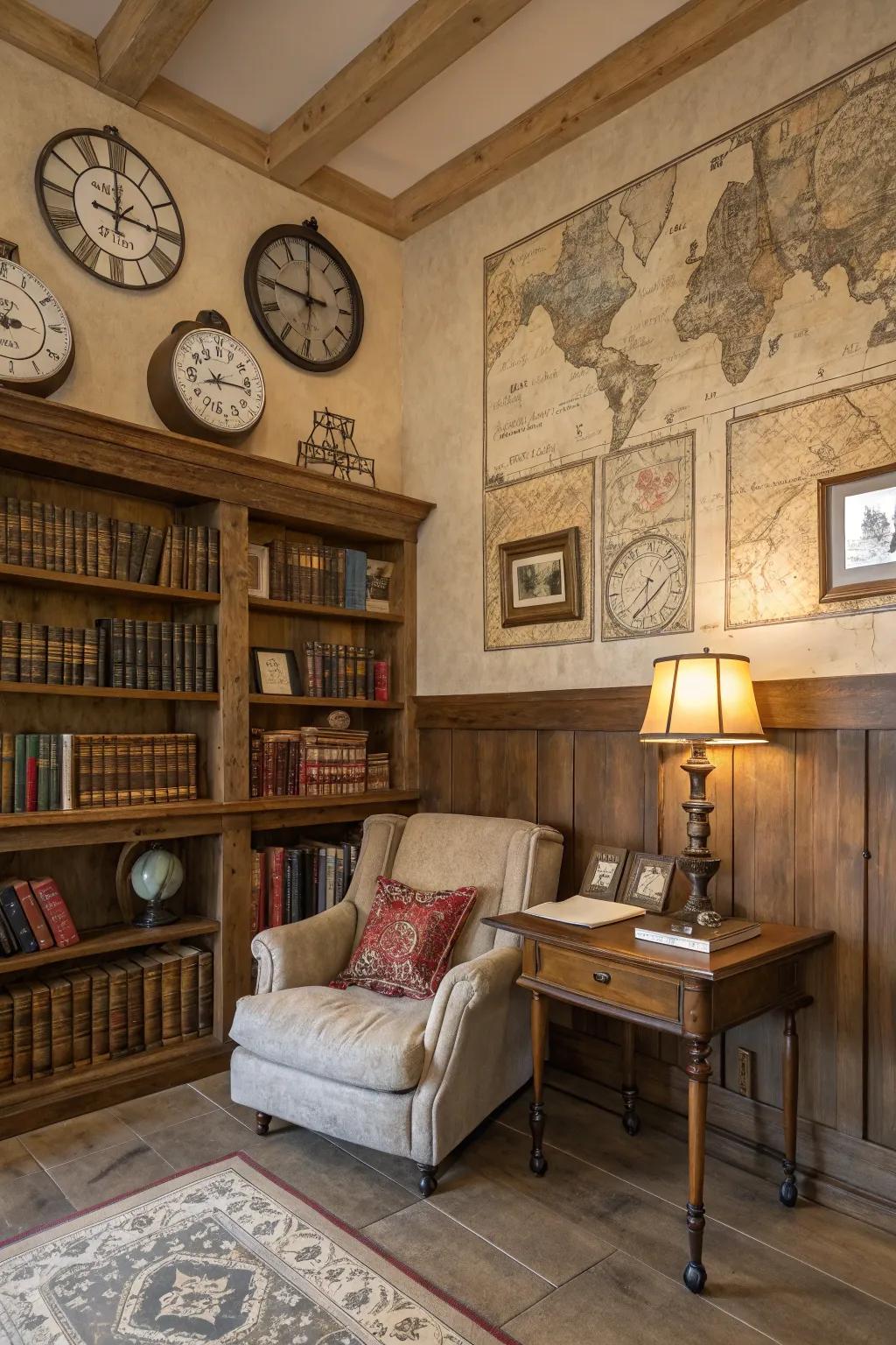 Vintage details such as antique clocks evoke nostalgia within the library.