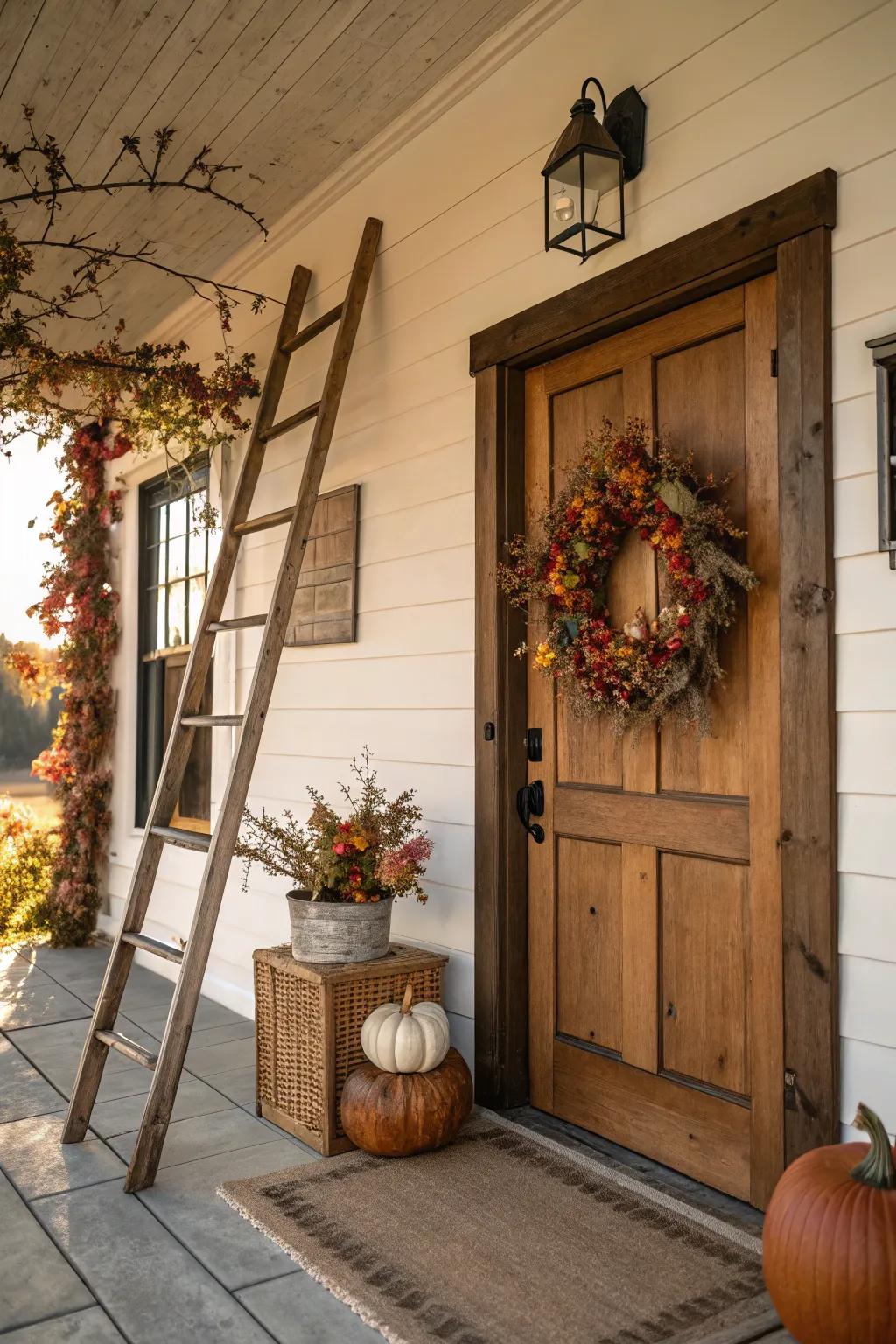 Seasonal wreath display on a ladder in the entryway