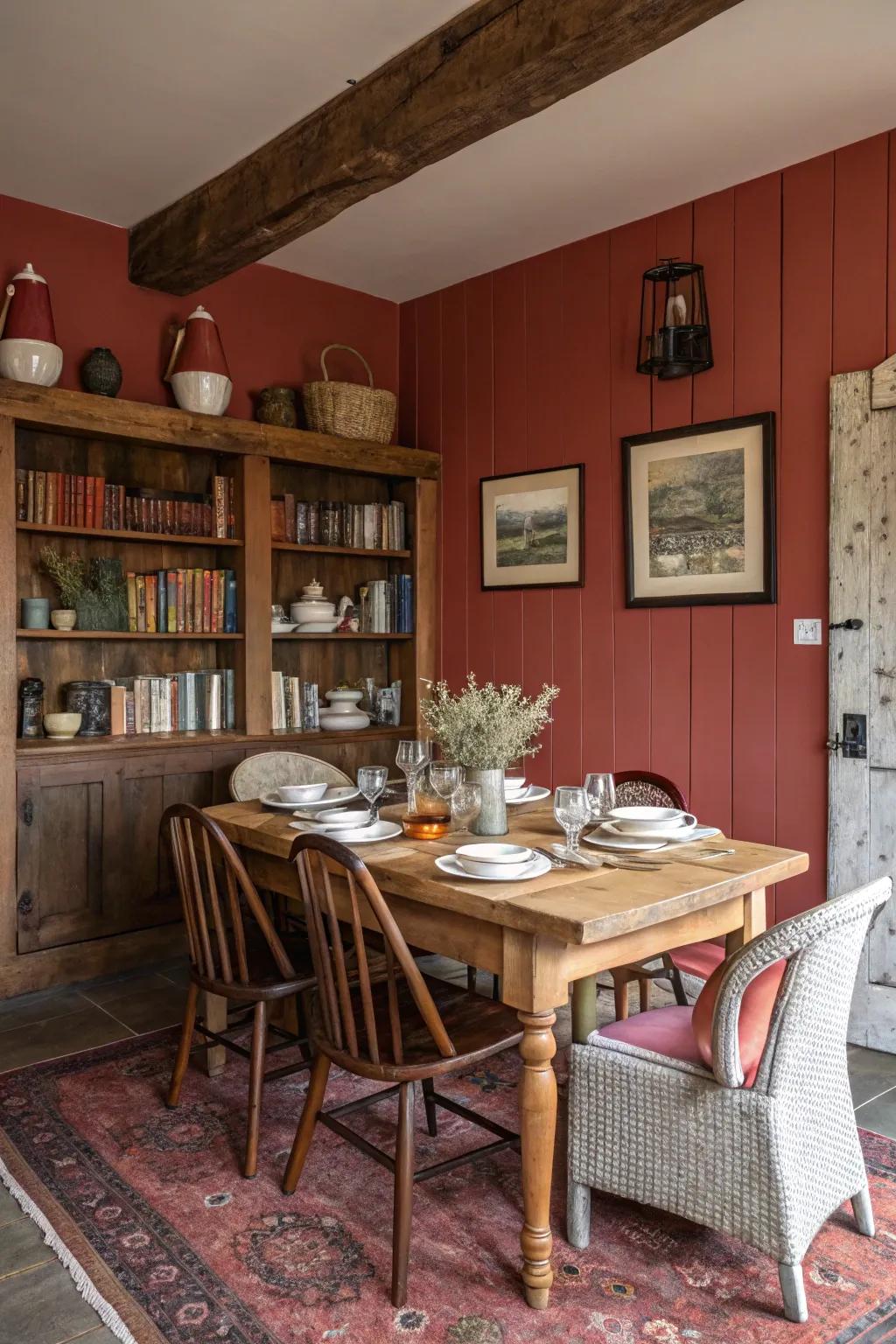 Earthy red walls bring comfort and individuality to this dining space.