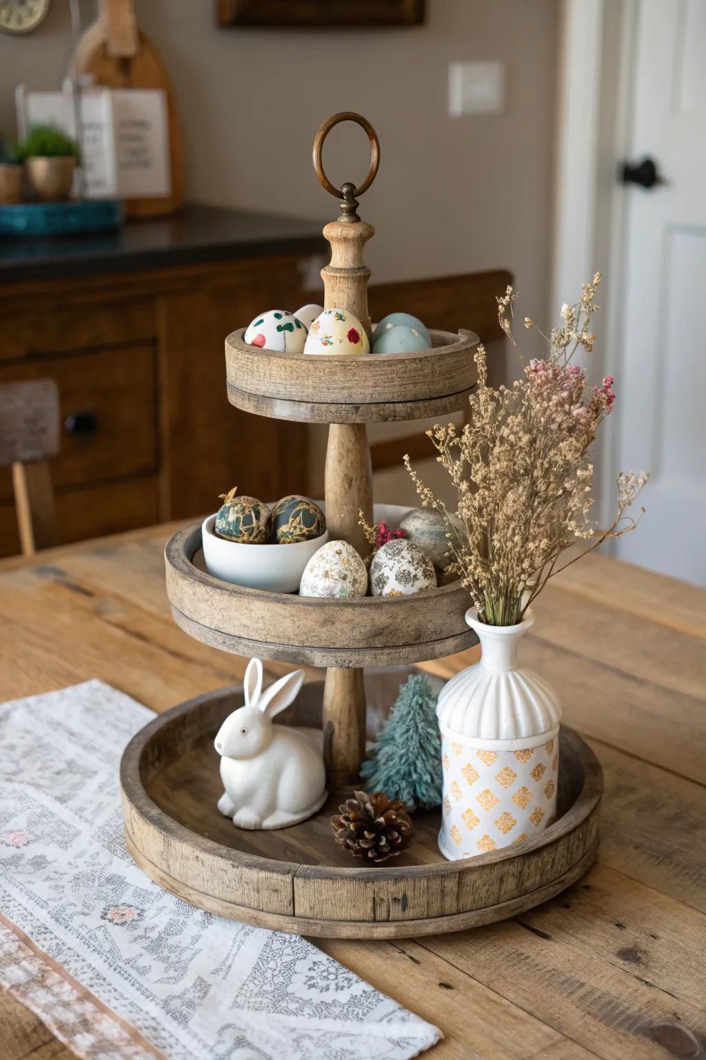 A multi-tiered wood display introduces height and magnitude to your farmhouse table centerpiece.