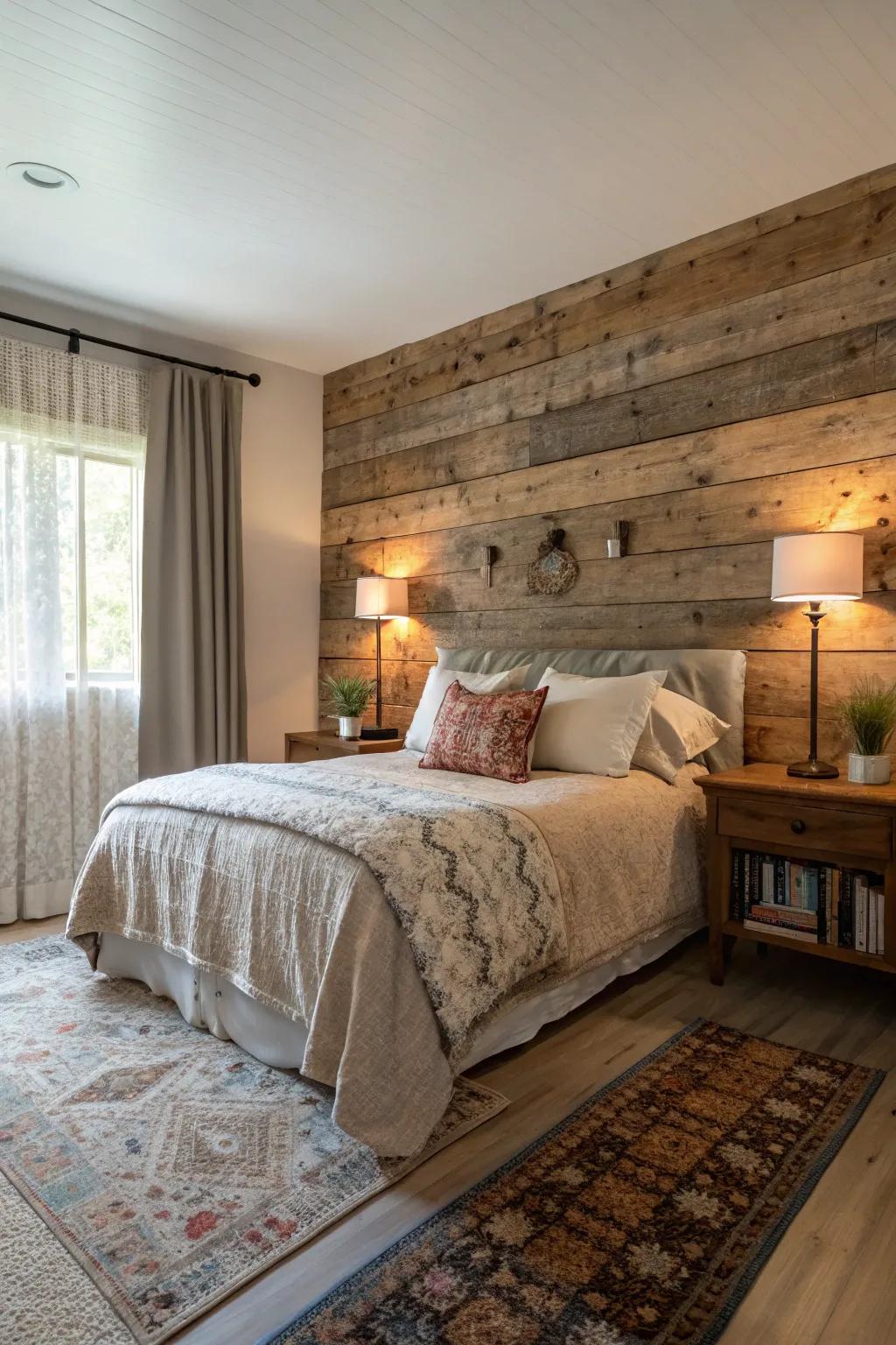 Refinished wood elements establish a snug and inviting ambiance in this bedroom.