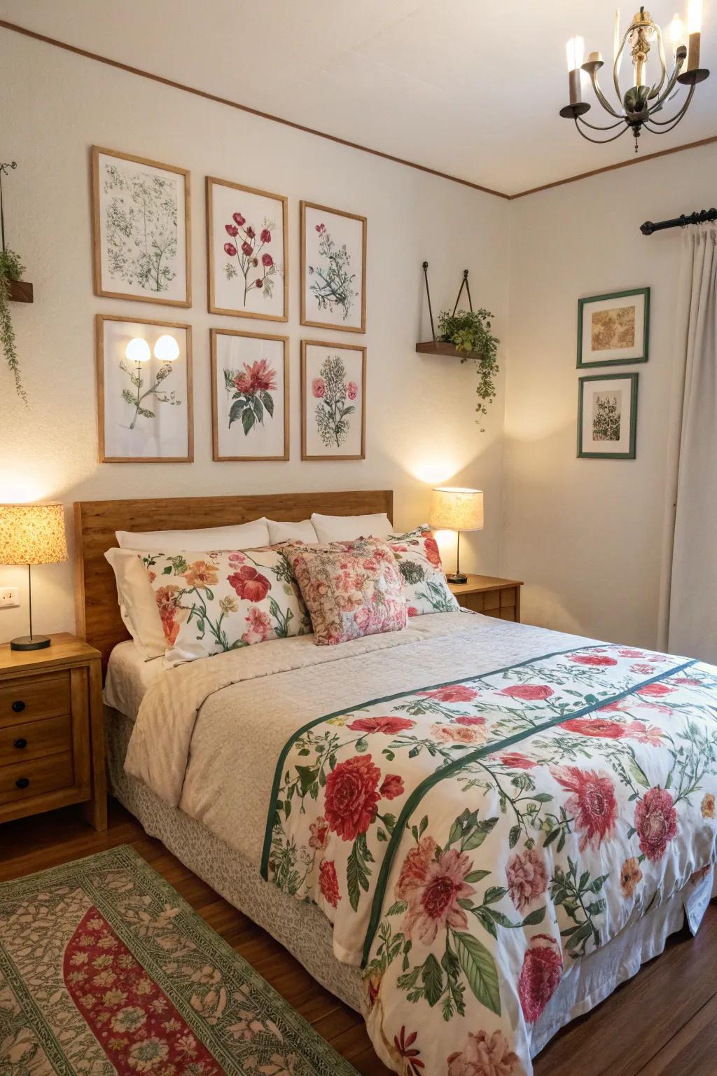 Botanical designs bringing nature and classiness into the bedroom.