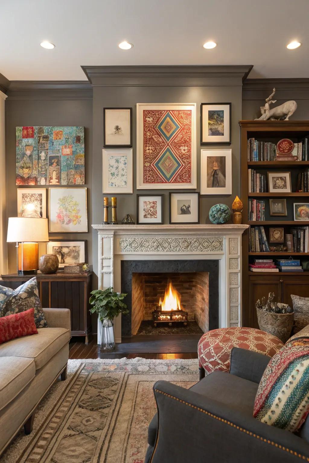 An eclectic living space featuring a fireplace underscored by art and ornamental elements adorning the mantel.
