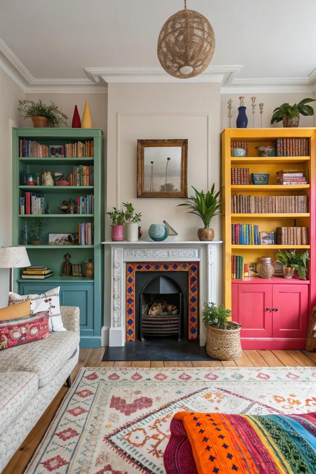 Vibrant shelves produce a striking and colorful contrast.