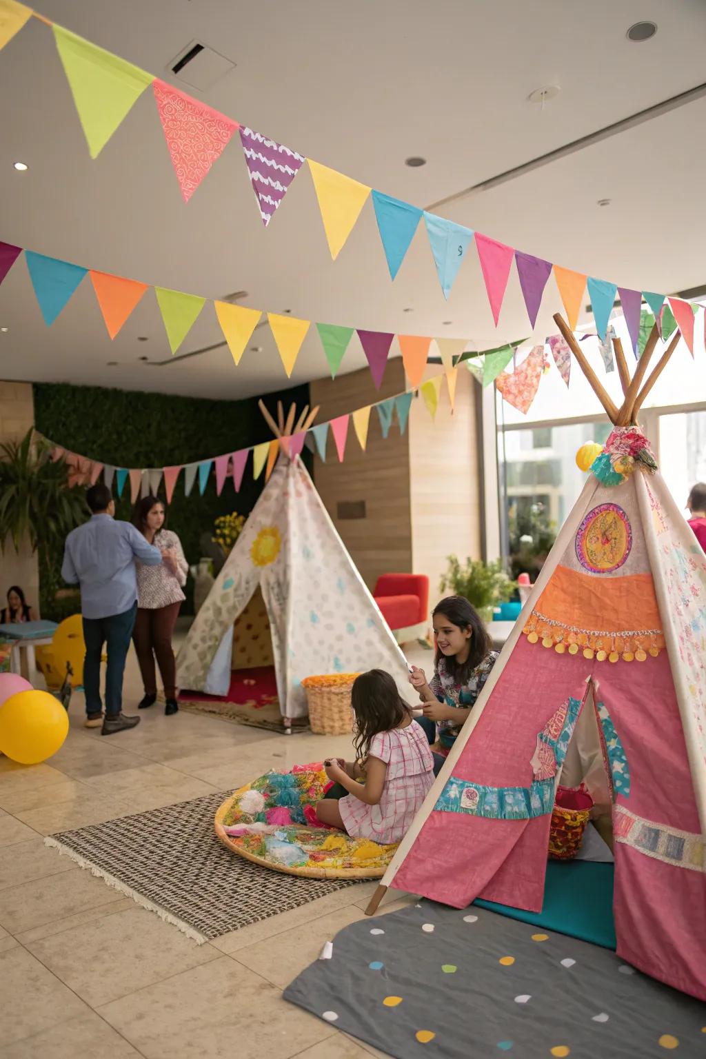 Themed props like small teepees bring charm to a 'Wild One' birthday celebration.