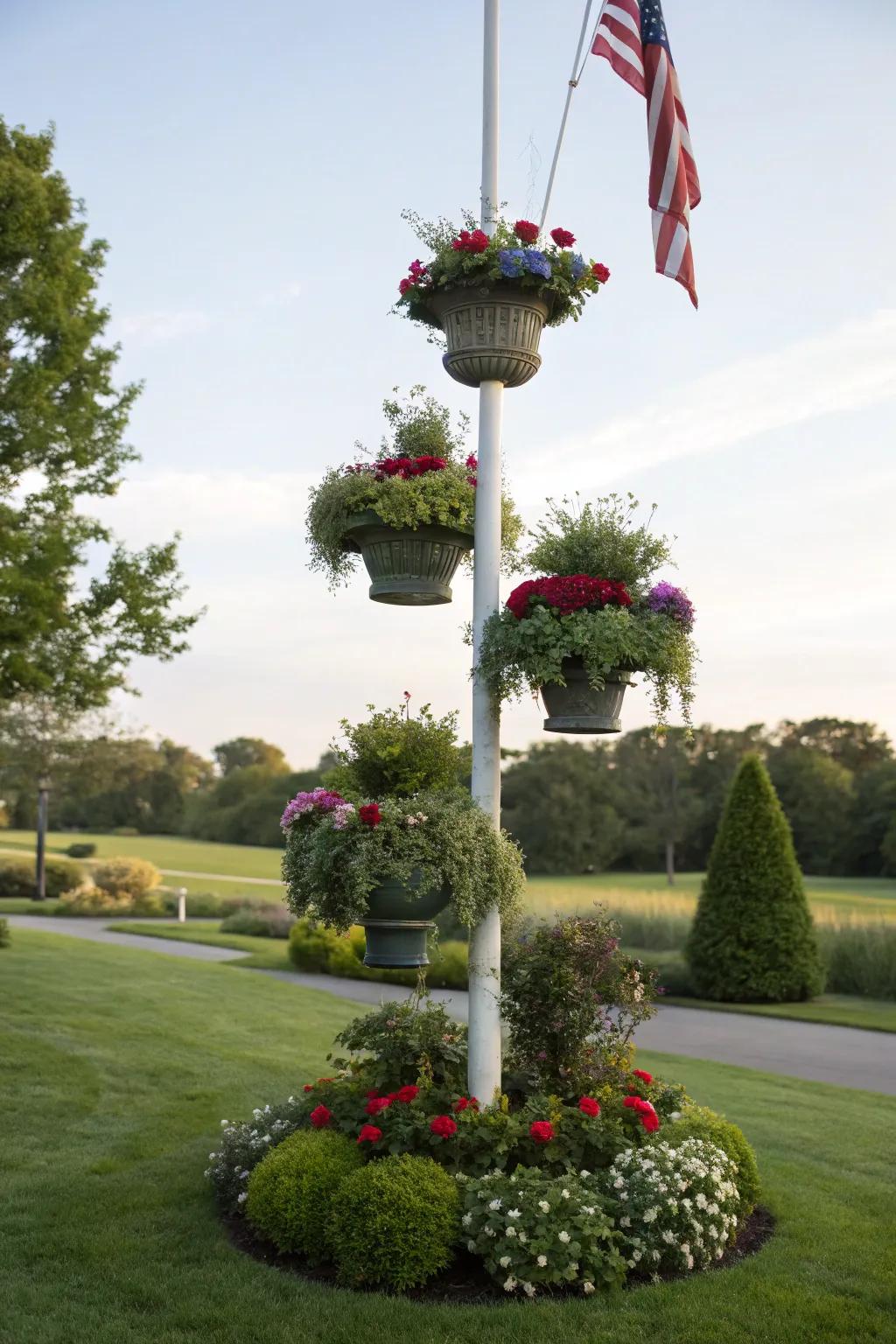 Staggered plants contribute depth and loveliness to flagpole landscaping.