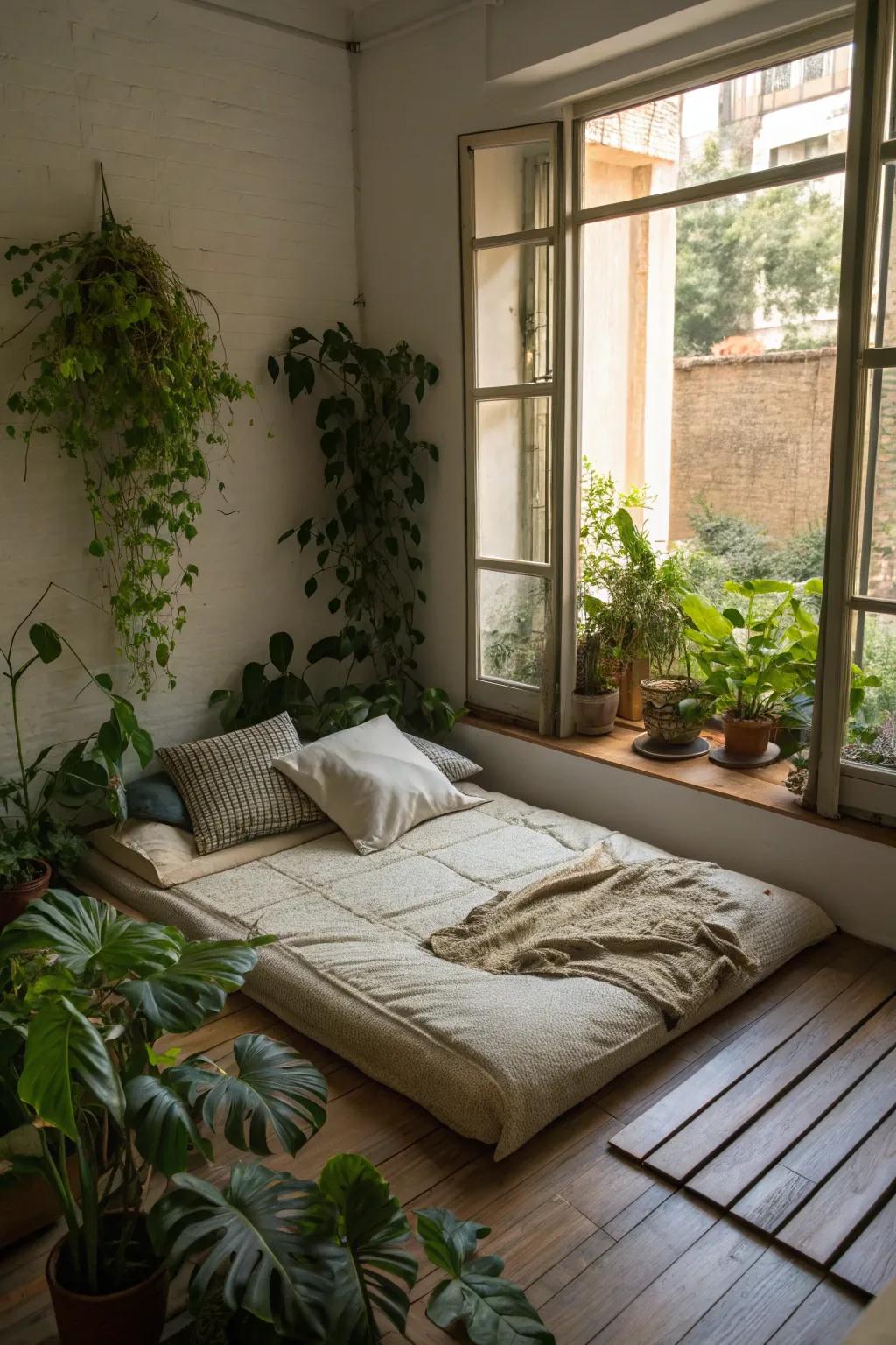 Greenery adds a refreshing layer to compact spaces.