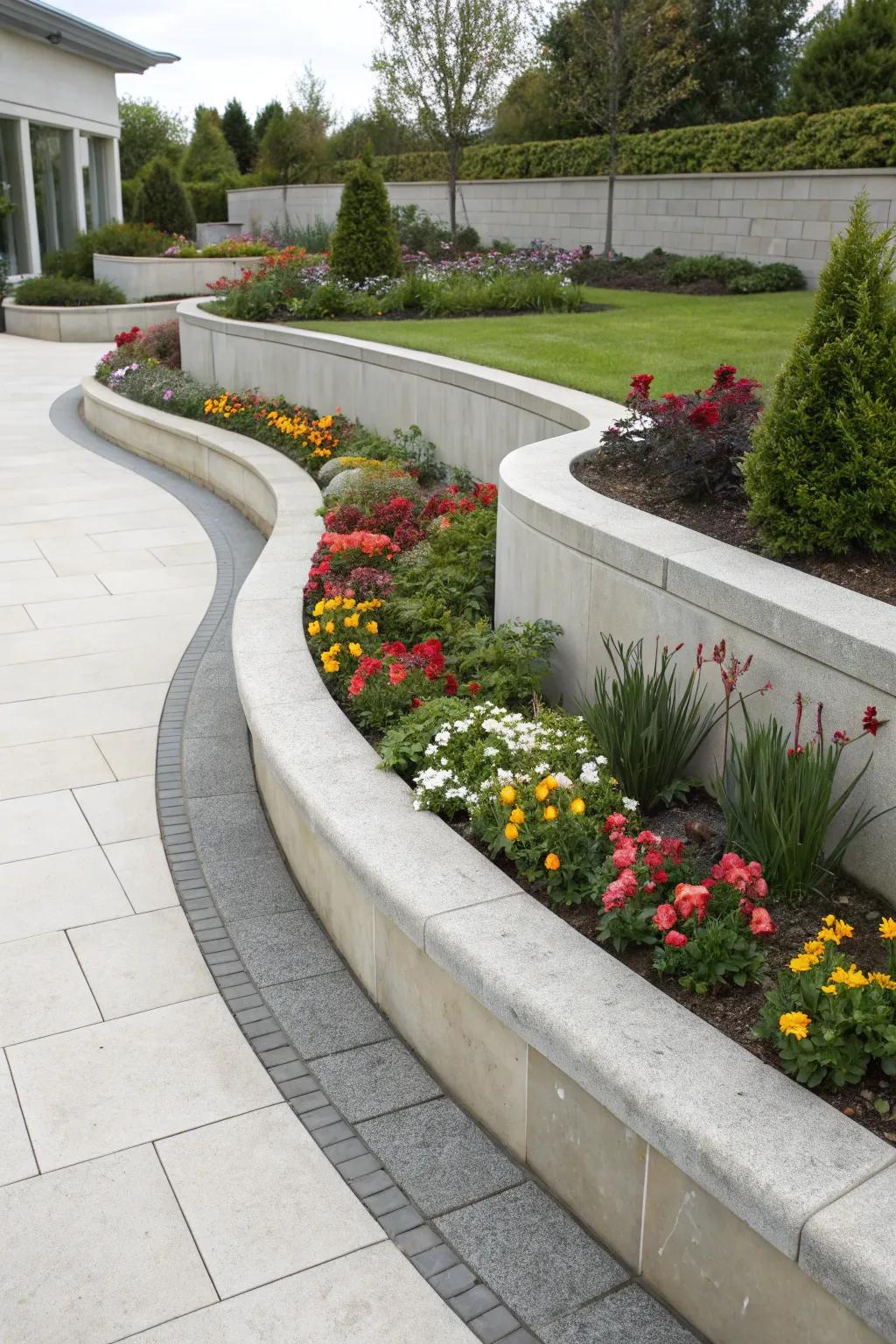 Contoured aggregate perimeters inject a modern twist into flower patches.
