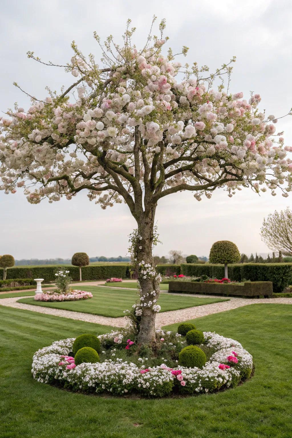 Symmetrically positioned flowers deliver balanced beauty to this tree’s base.