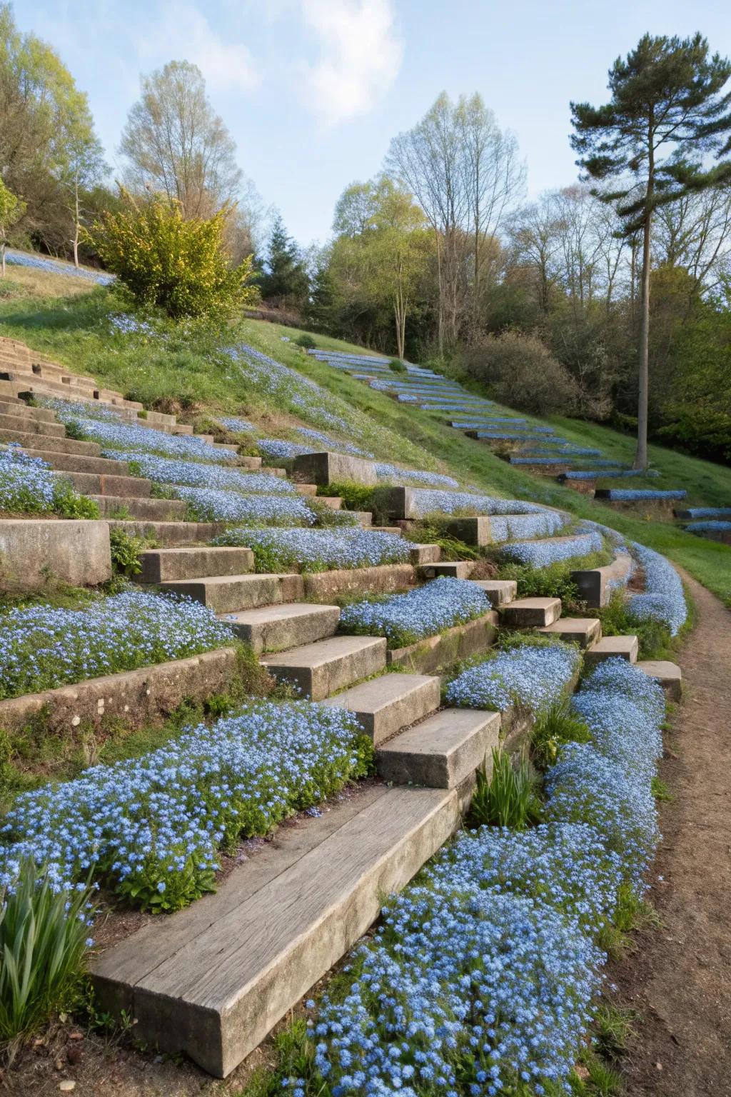 Terraced flower beds capitalize on forget-me-nots for enhanced dimension.