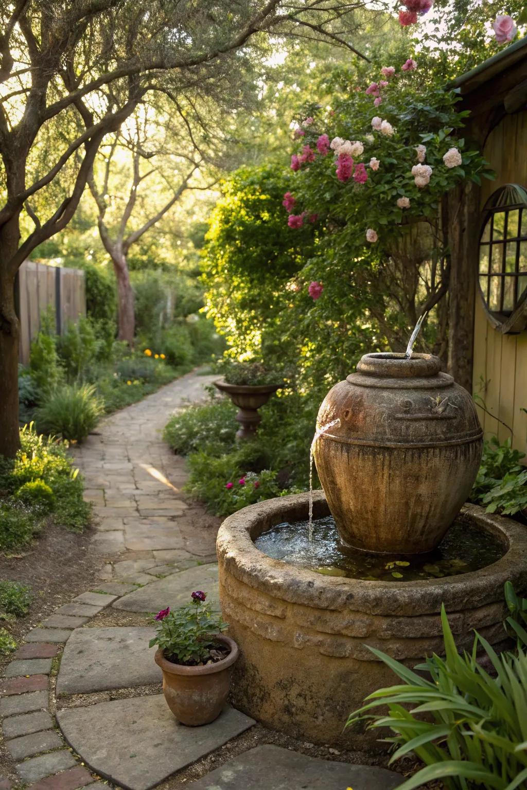 Capture vintage charm with a pottery water feature.