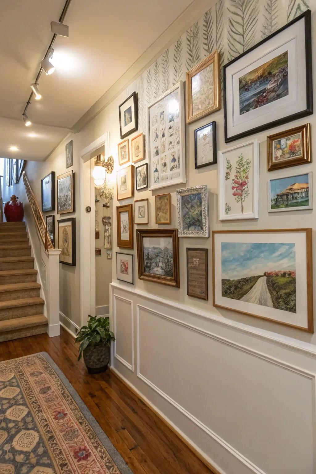 Artworks in an entryway bring character and visual intrigue to the space.
