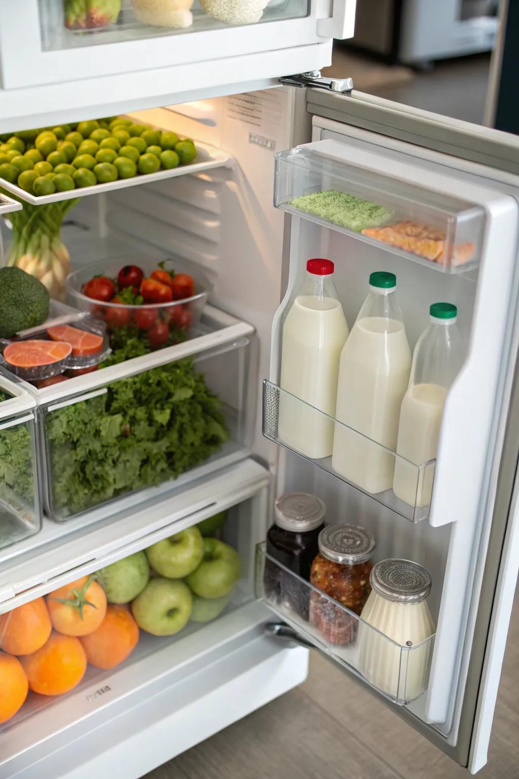 Distinct categories within the fridge for streamlined organization.