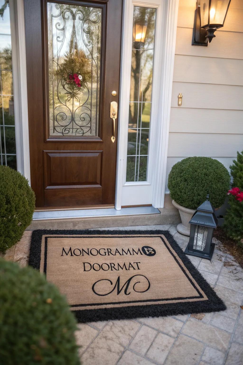 An elegant monogrammed doormat at the entrance.
