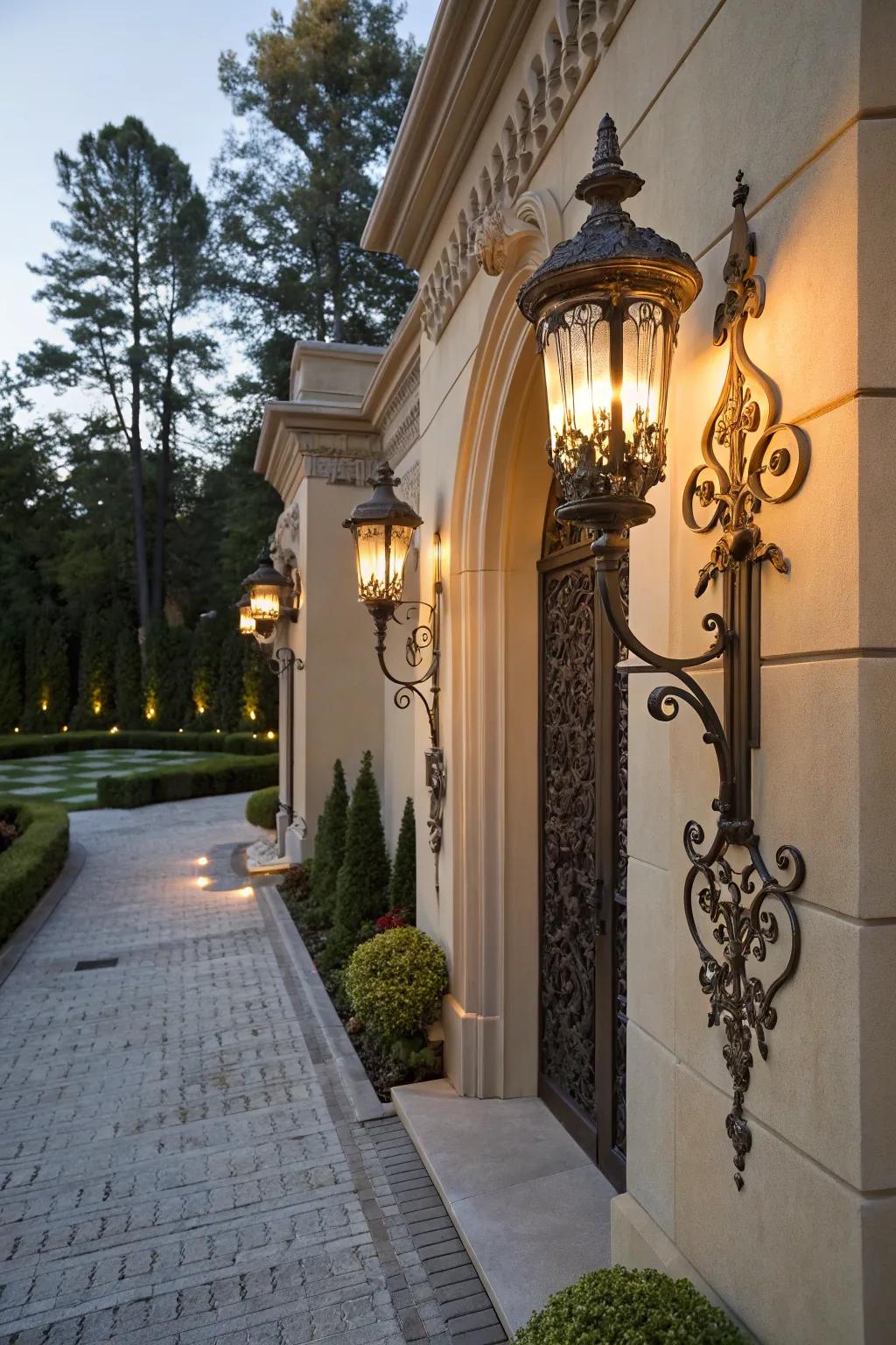 Ambient lighting adding warmth and security to the entryway.