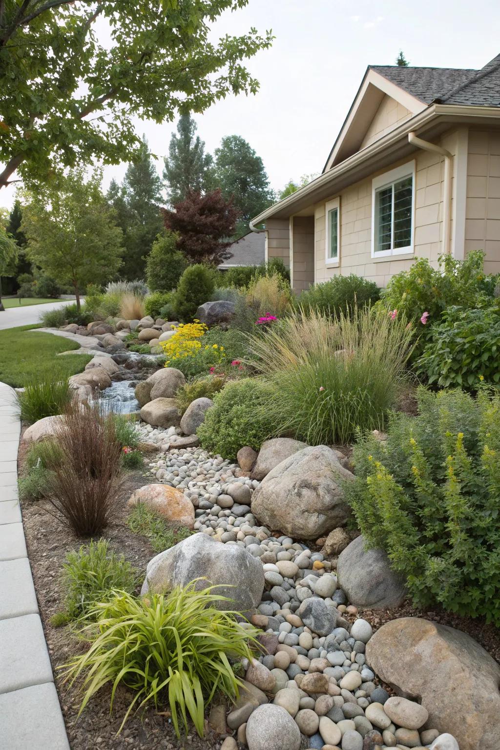 River stones alongside verdant foliage conjure a thriving landscape.