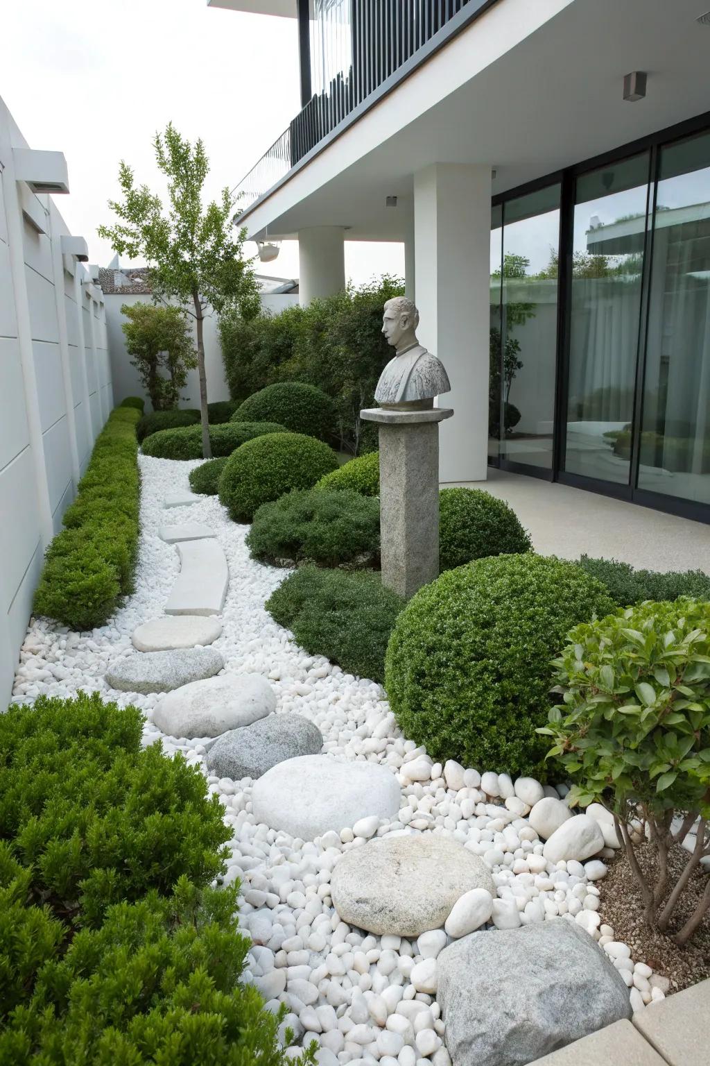 A sculpture amid alabaster stones establishes a striking focal point.
