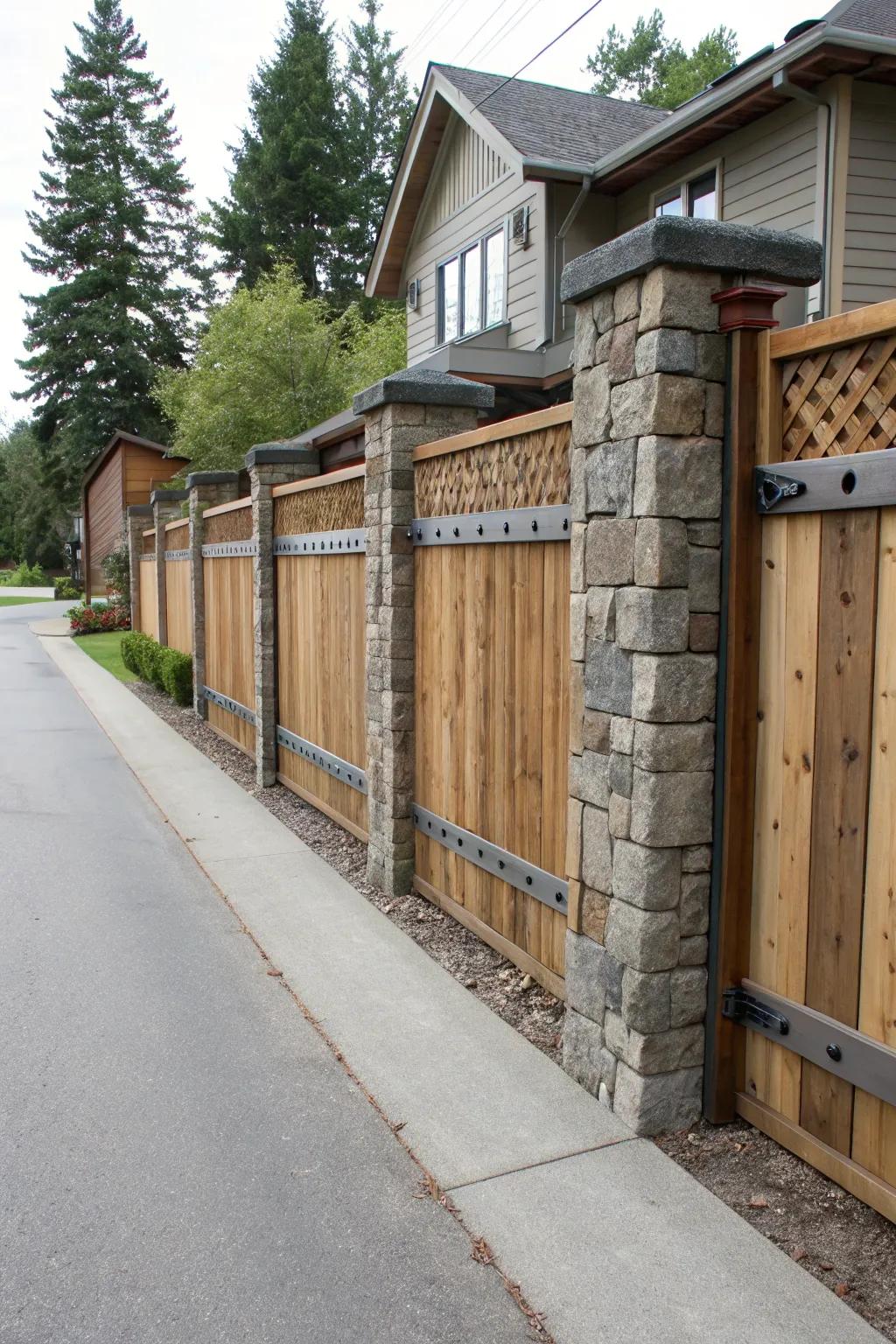 A distinctive boundary design combining timber, stone, and metal elements adds sophistication.