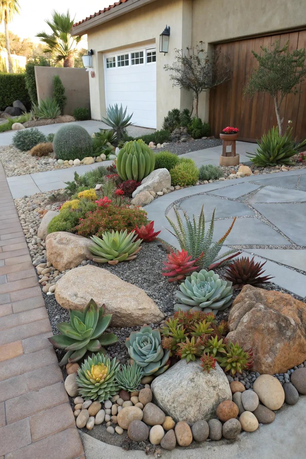Succulents bring life to a rock landscape effortlessly.