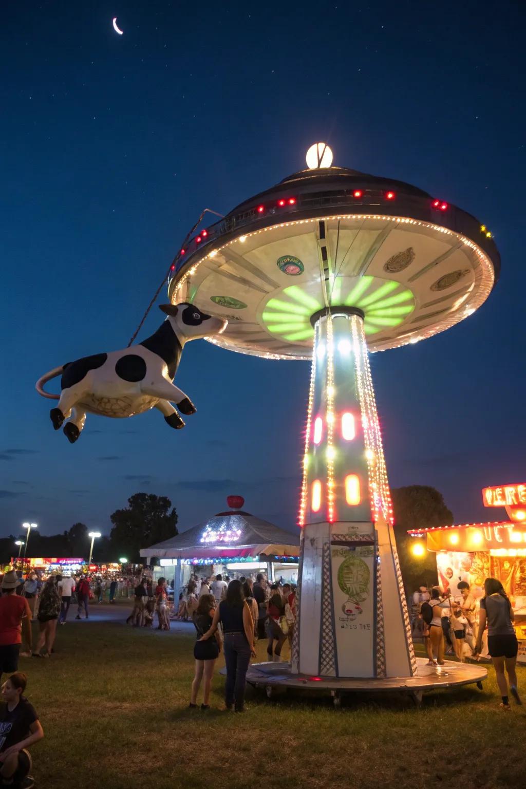UFO totems featuring glowing lights add a quirky aspect to festivals at night.