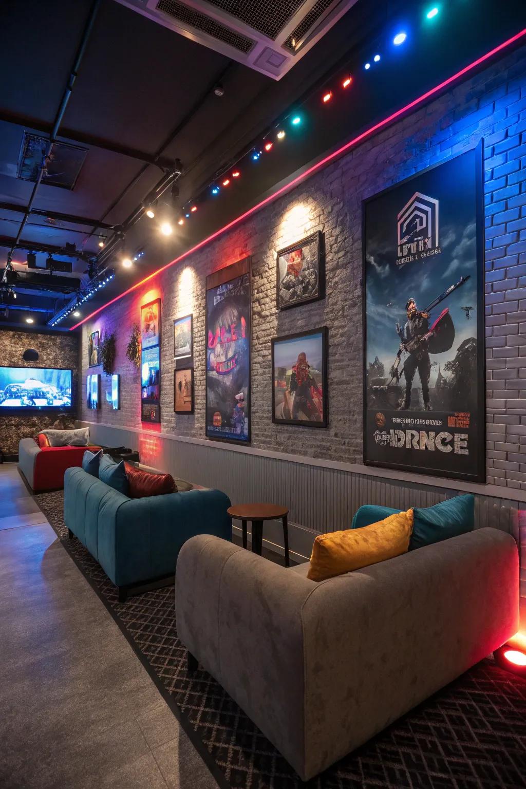 Gaming-themed embellishments that impart individuality and flair to the lounge interior.