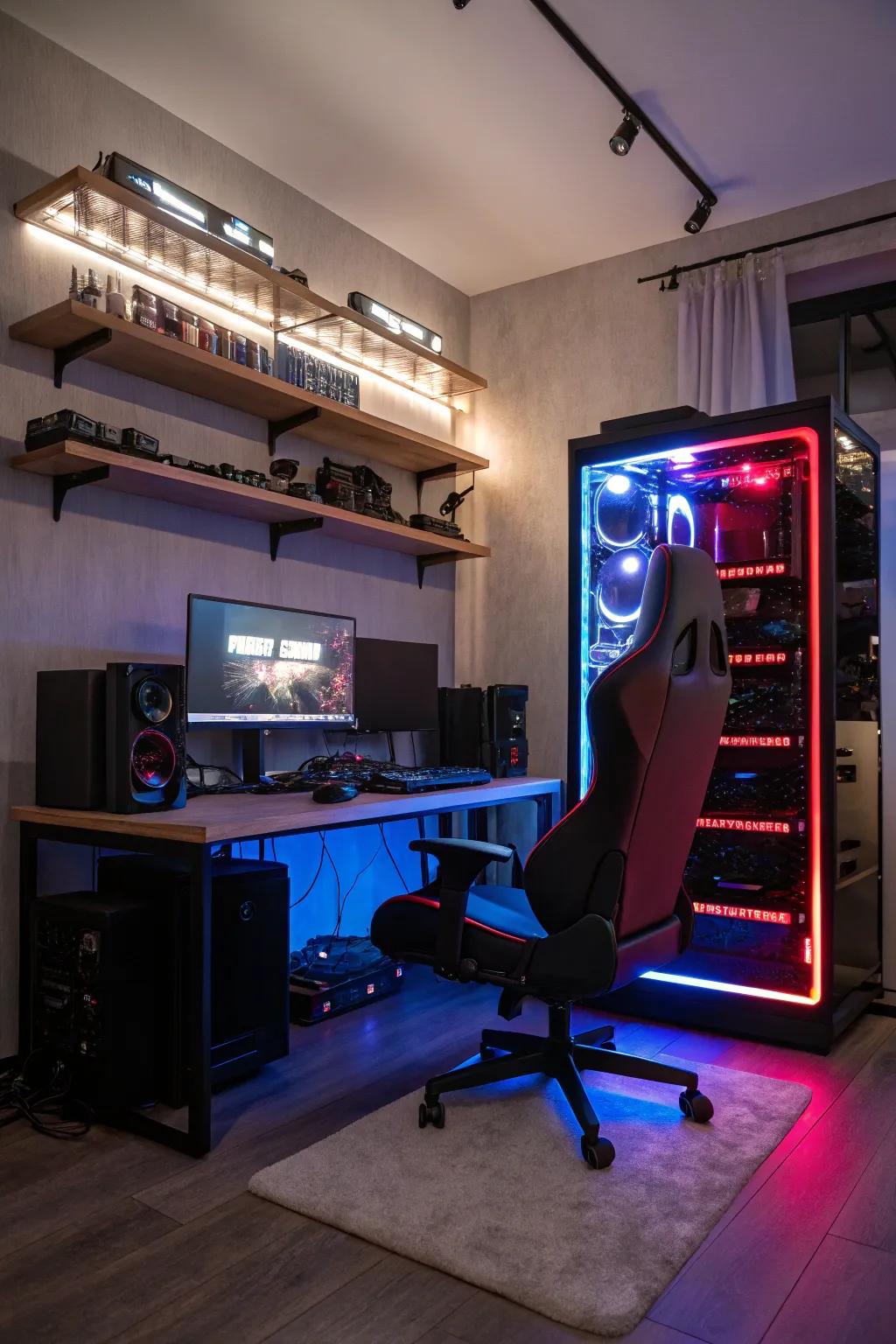 A high-performance PC setup is central to this gaming hub.