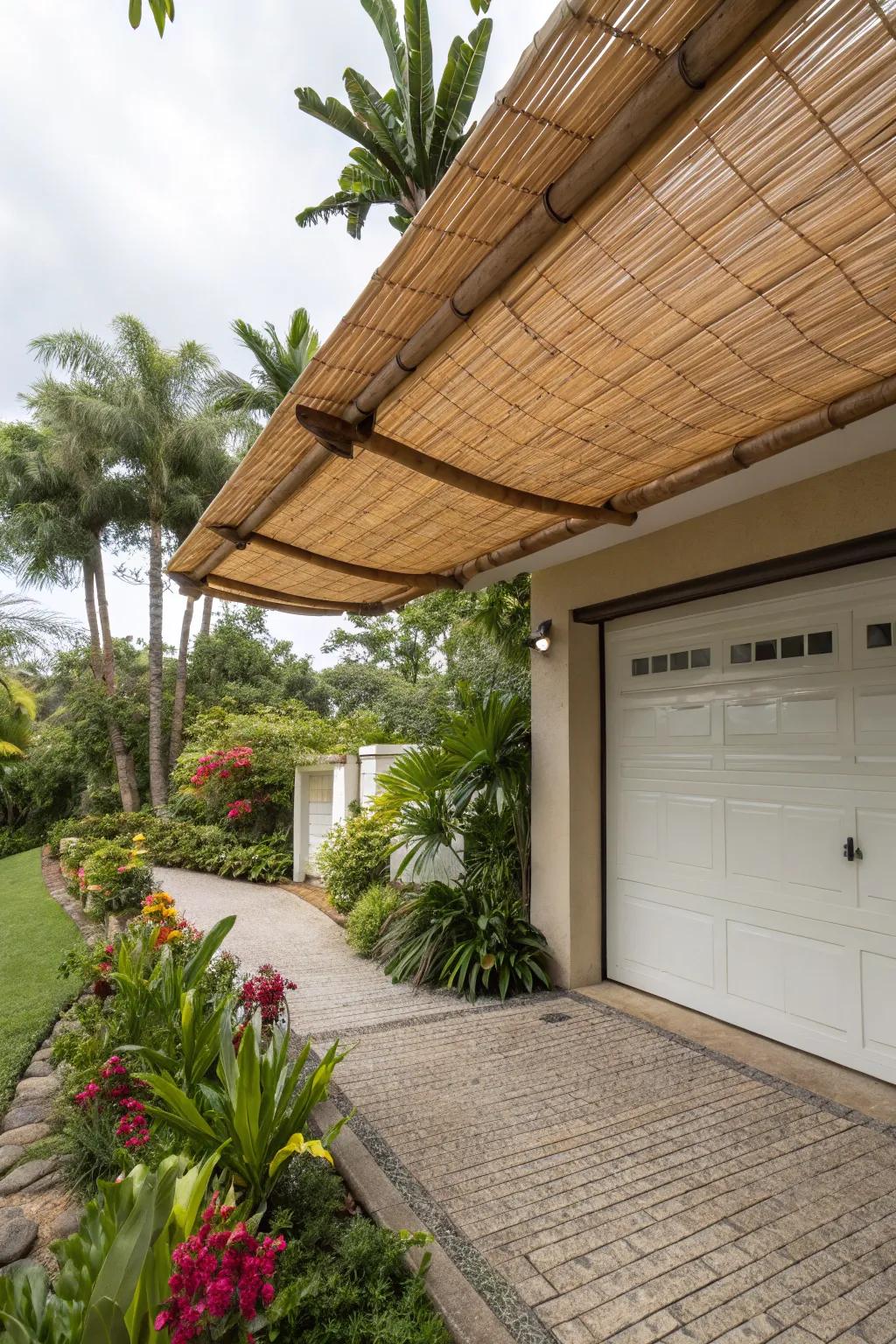 Exotic bamboo roll-up shade awning for natural cooling.